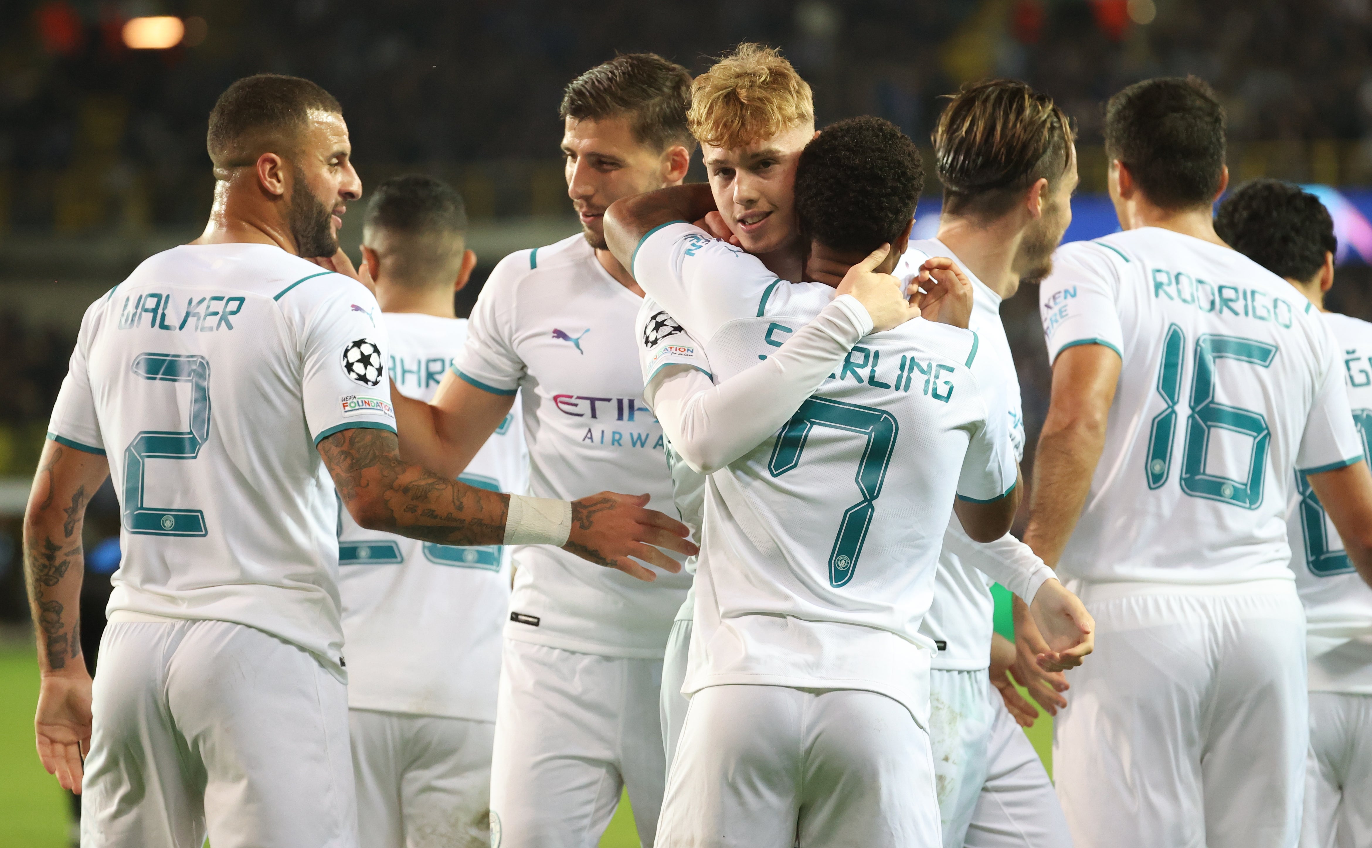 Cole Palmer, centre, celebrates scoring for City (Virginie Lefour/PA)