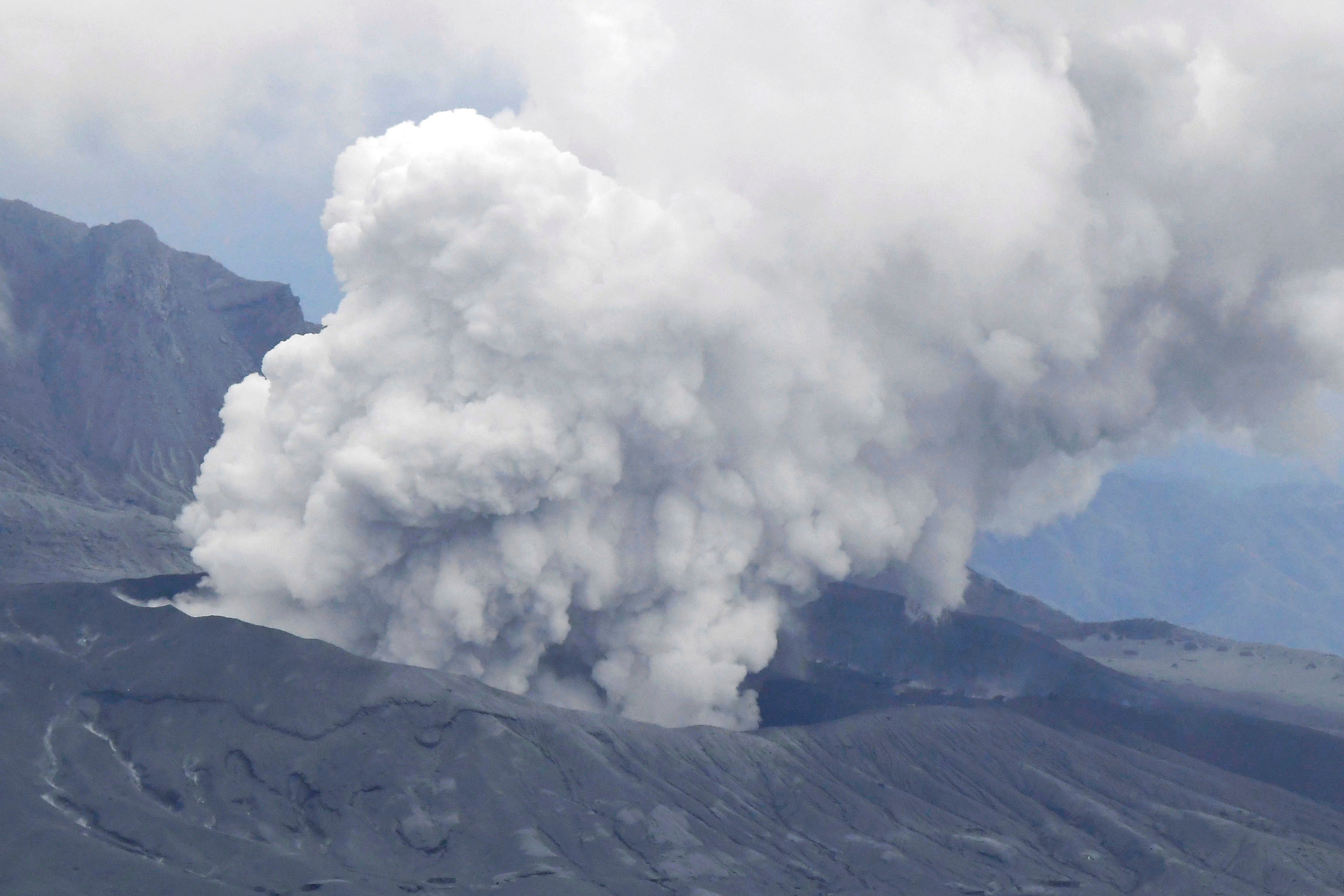 An aerial view shows an eruption of Mount Aso in Aso, Kumamoto prefecture, southwestern Japan