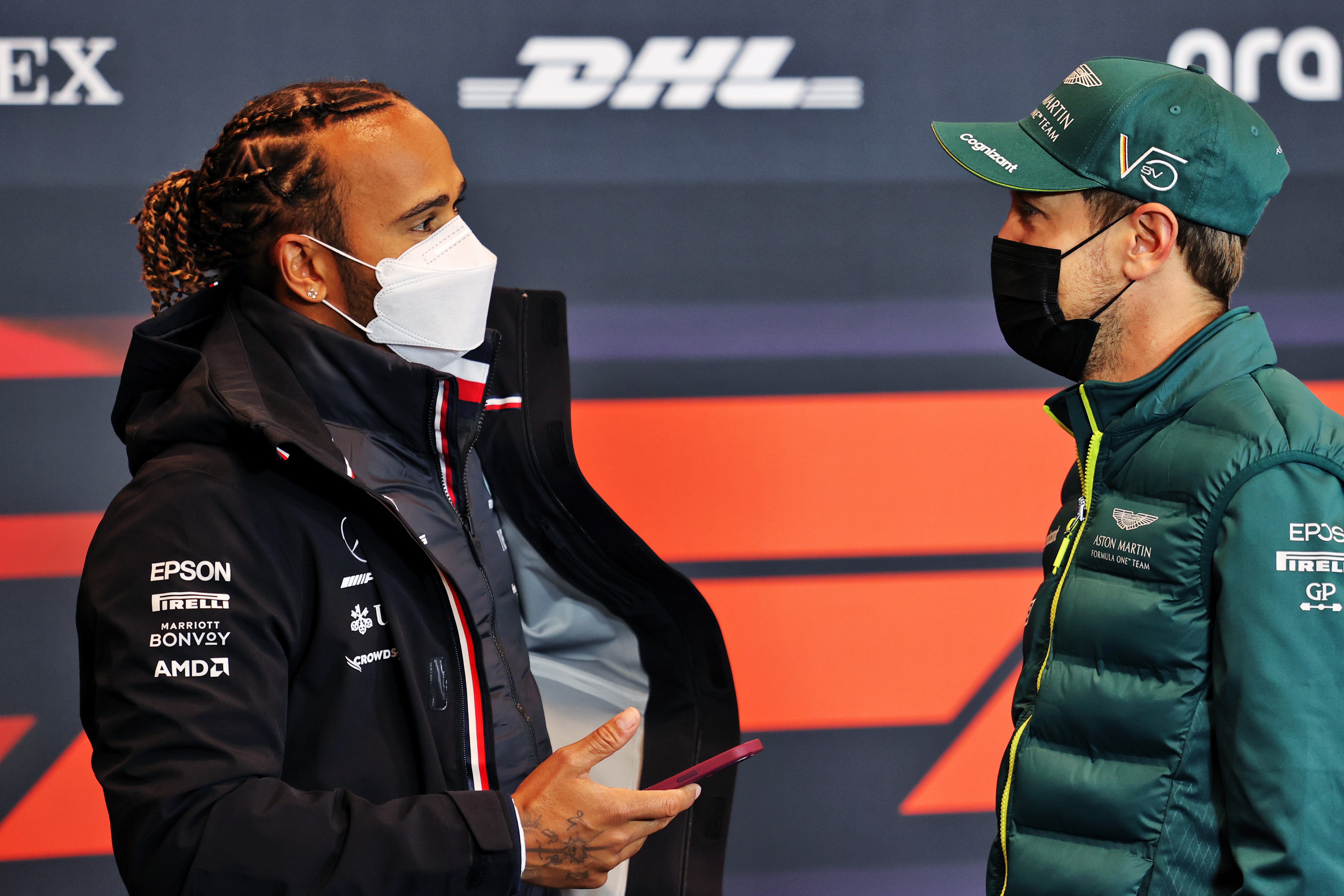 Lewis Hamilton and Sebastian Vettel talk at the Autodromo Enzo e Dino Ferrari