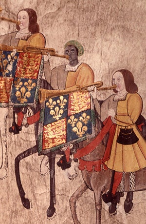 Extract from the Westminster Tournament Roll showing John Blanke, the only figure wearing an orange turban latticed with yellow