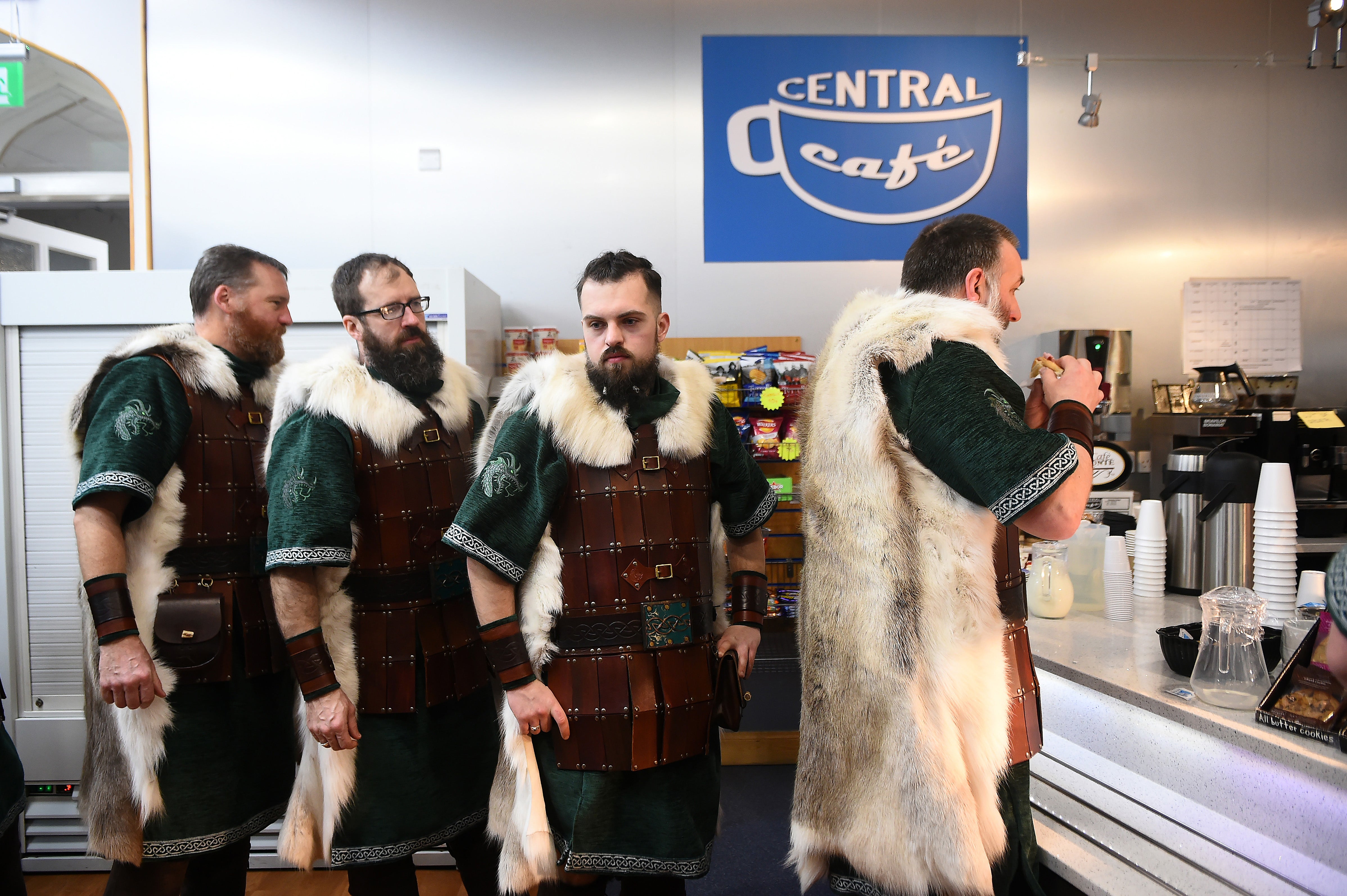 Vikings eat breakfast in Lerwick, Shetland Islands, before the Up Helly Aa festival, which celebrates the influence of the Scandinavian vikings