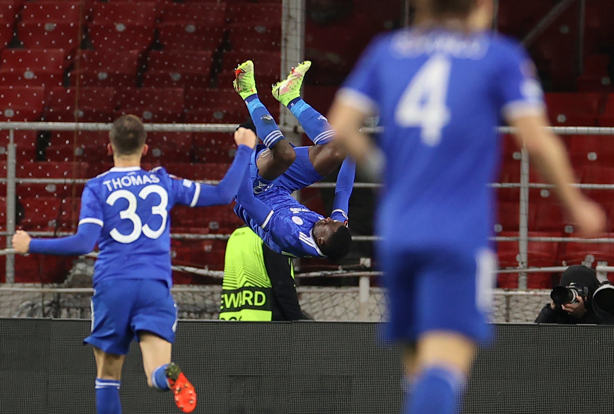 Patson Daka celebrates his hat-trick (AP/PA)