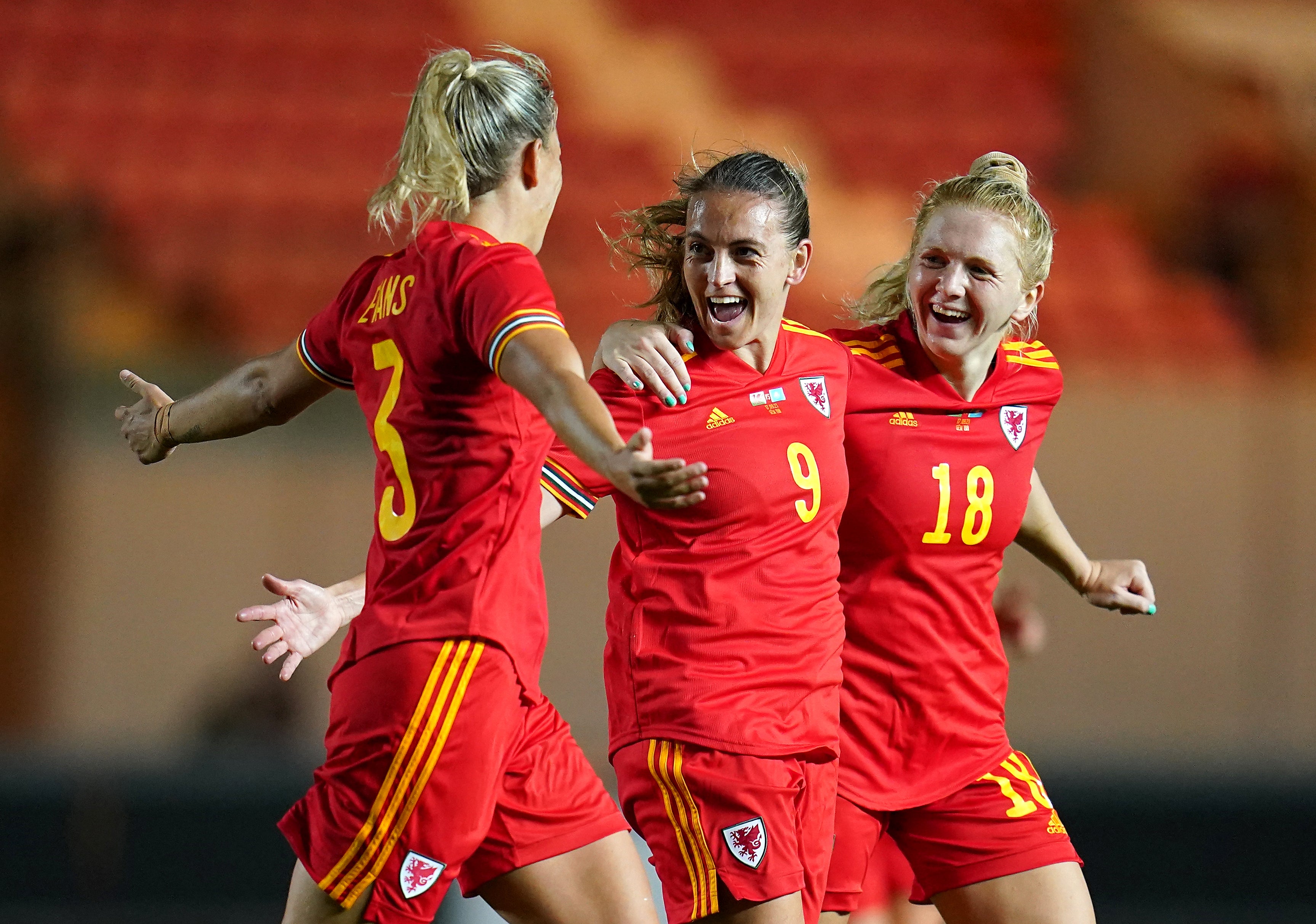 Kayleigh Green (second right) celebrates during Wales’ 6-0 victory over Kazakhstan in last month’s World Cup qualifier (Nick Potts/PA)