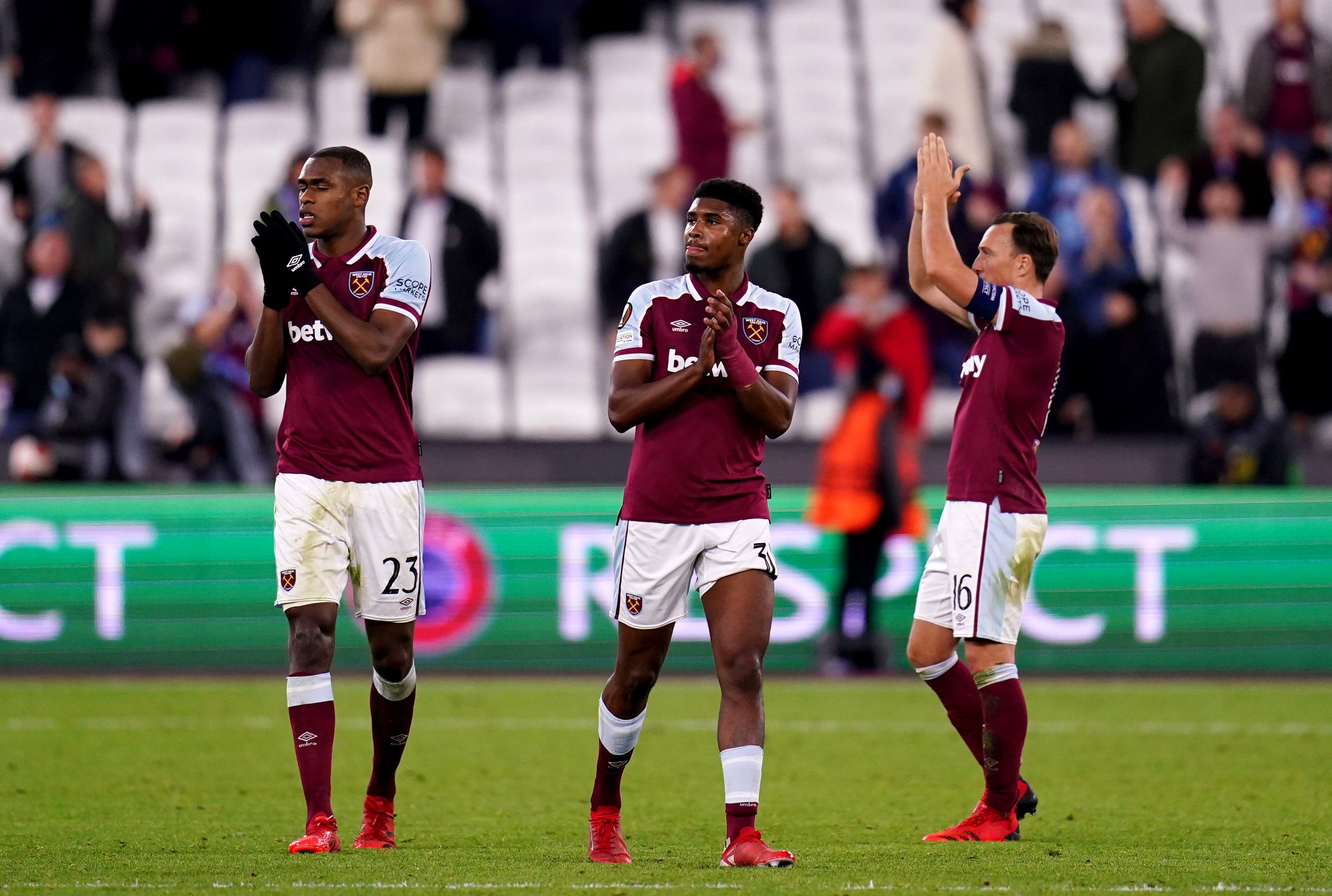 West Ham’s Issa Diop, Ben Johnson and Mark Noble (John Walton/PA)