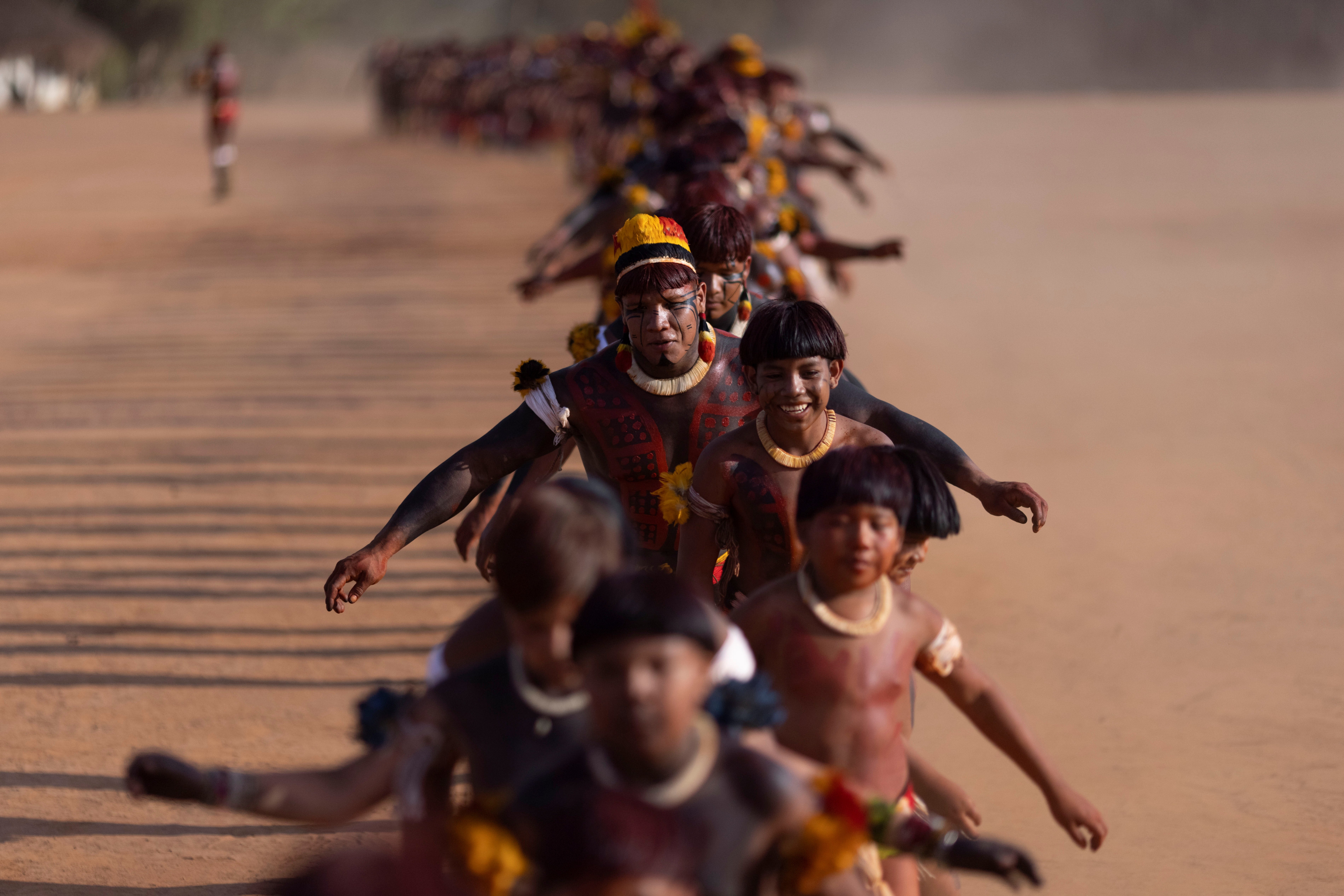 Yawalapiti men perform an end of mourning dance