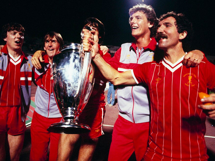 Liverpool players (from left) Steve Nicol, Kenny Dalglish, Alan Hansen (obscured), Gary Gillespie, and captain Graeme Souness celebrate their 1984 European Cup triumph in Rome. Dalglish and Souness have been joined by Salah in the pantheon of Anfield greats