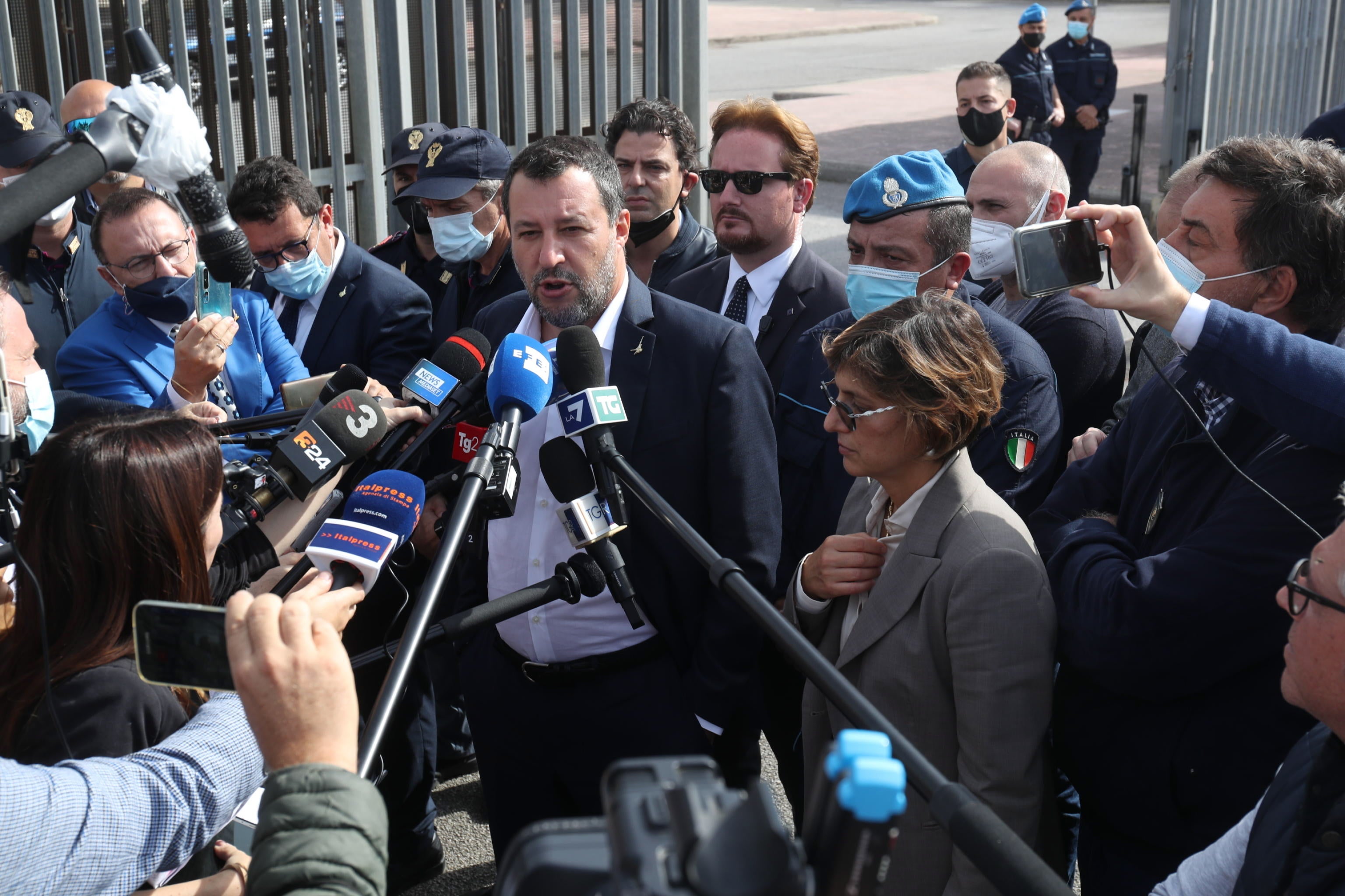 Matteo Salvini meets journalists in front of the Pagliarelli prison after a hearing on the Open Arms trial in Palermo on Saturday