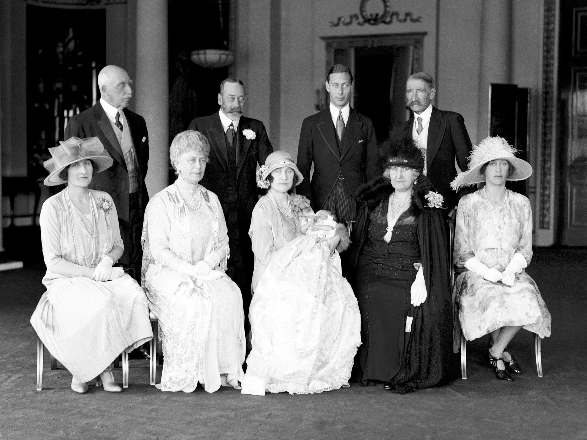 The Christening group of Princess Elizabeth. From left, back row: The Duke of Connaught, King George V, The Duke of York and The Earl Strathmore. Front row: Lady Elphinstone, Queen Mary, The Duchess of York with Princess Elizabeth, the Countess of Strathmore and Princess Mary