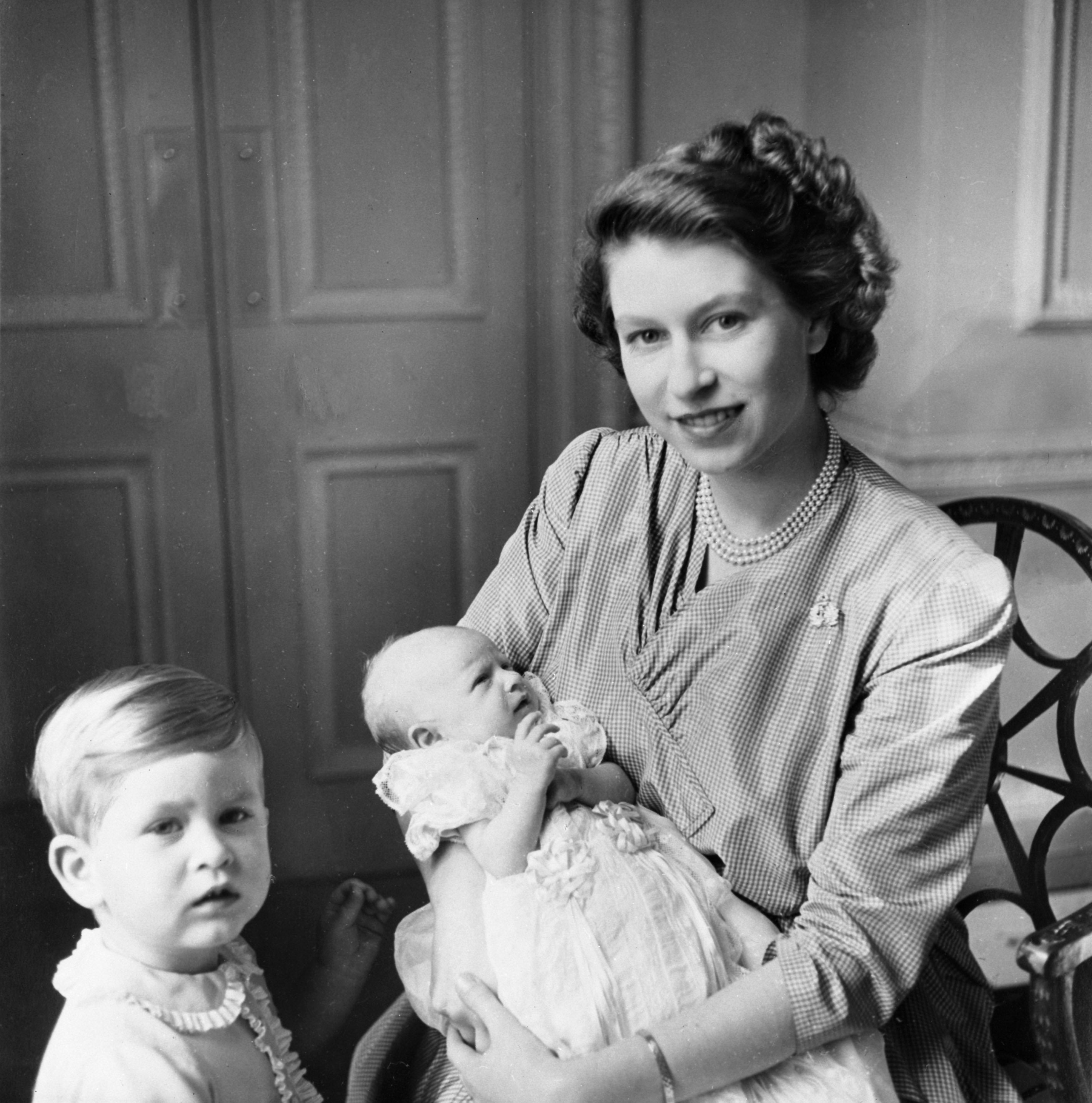 Princess Elizabeth with her two children, Princess Anne and Prince Charles in September 1950