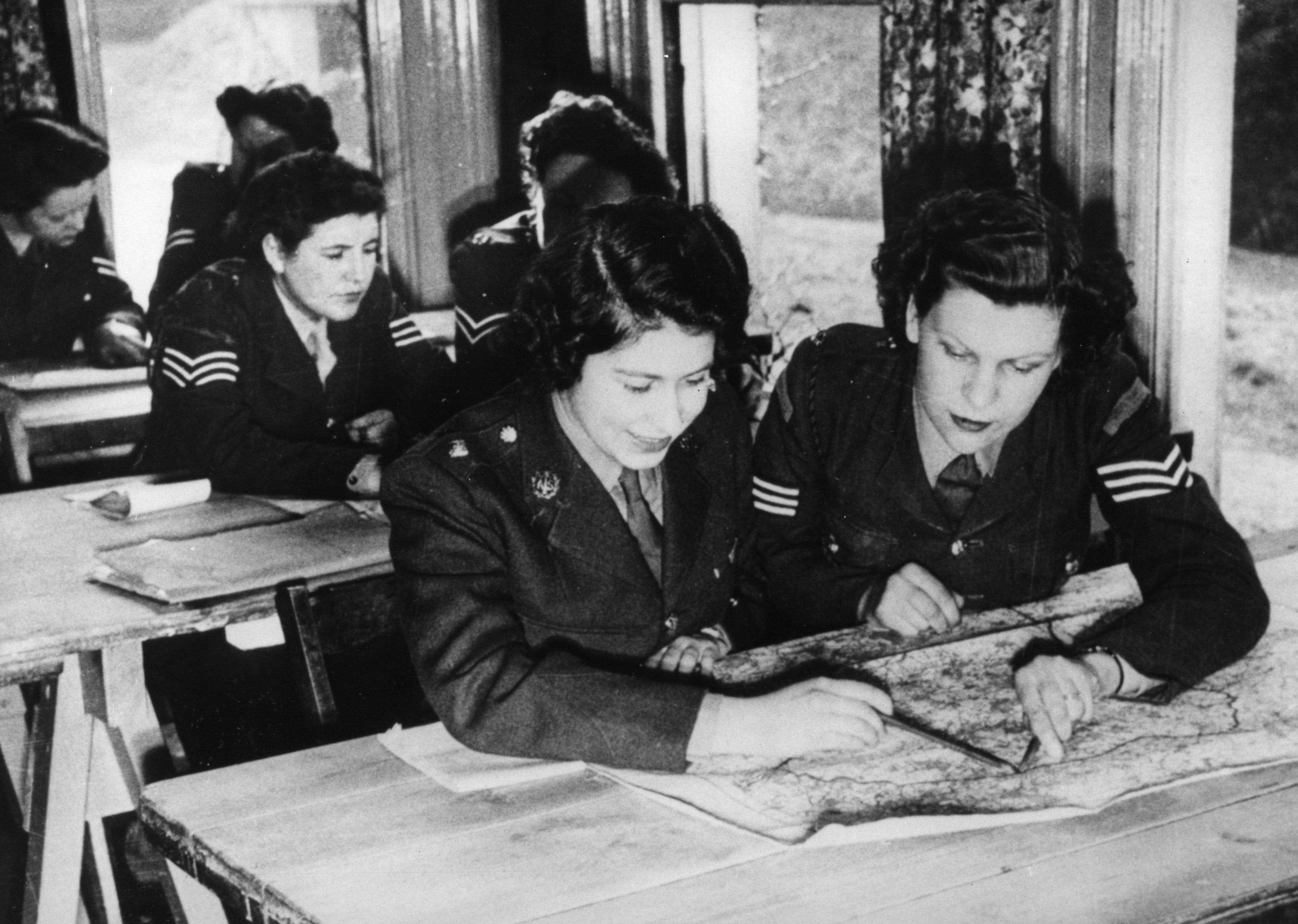 Princess Elizabeth (centre) on an Auxiliary Territorial Service course at Camberley in Surrey early in 1945