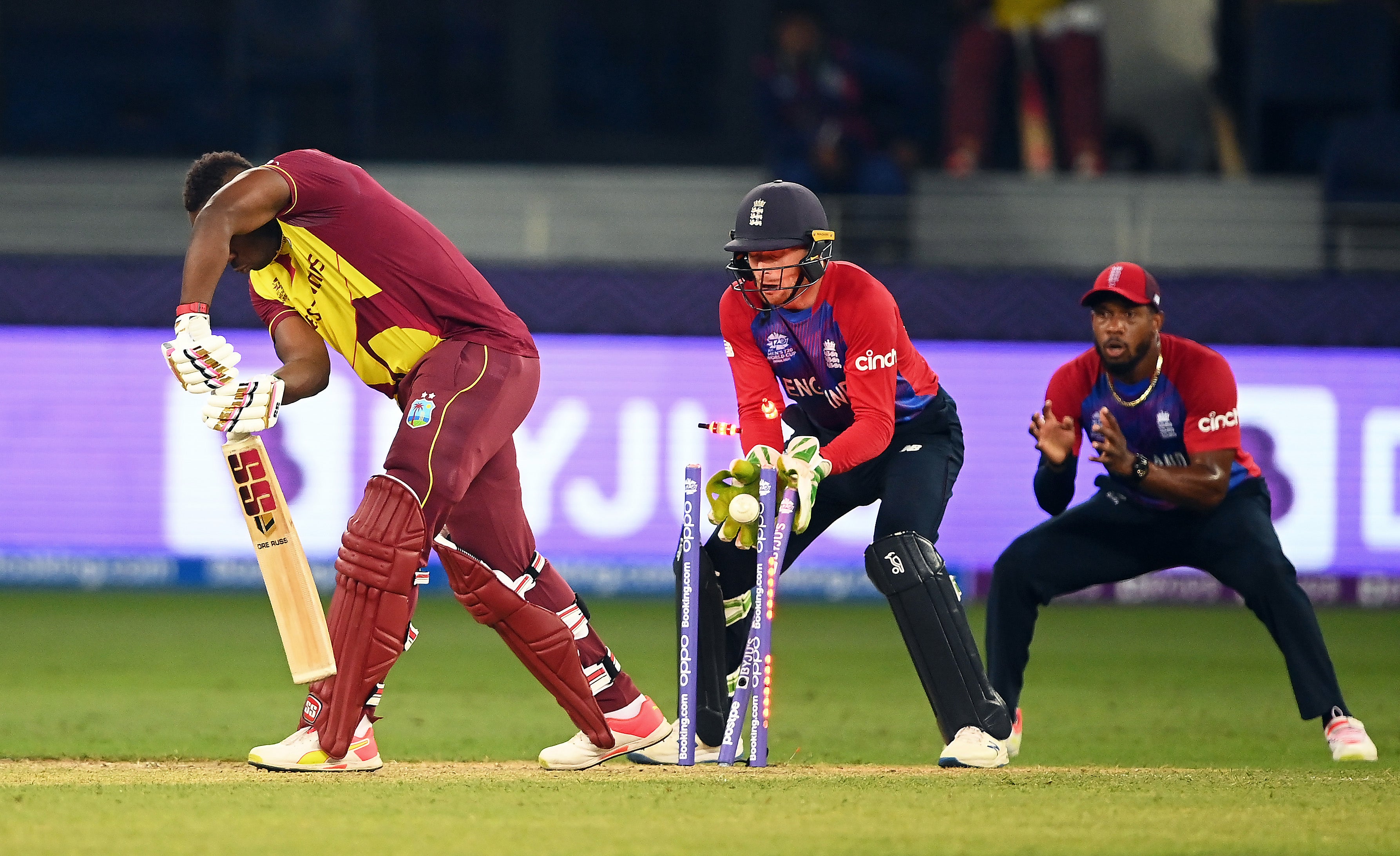 Andre Russell is bowled by Adil Rashid