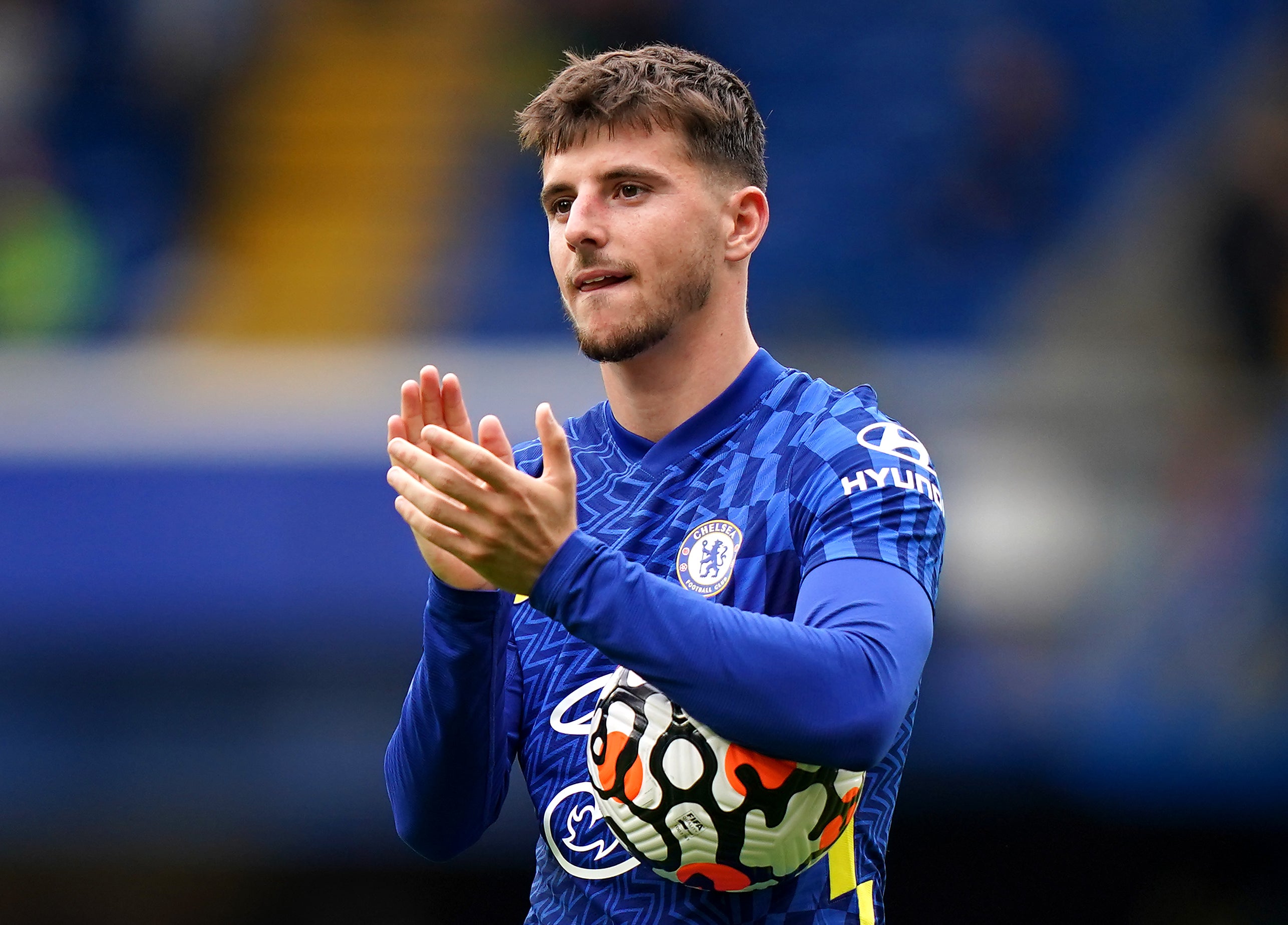 Chelsea’s Mason Mount celebrates with the match ball (Tess Derry/PA).