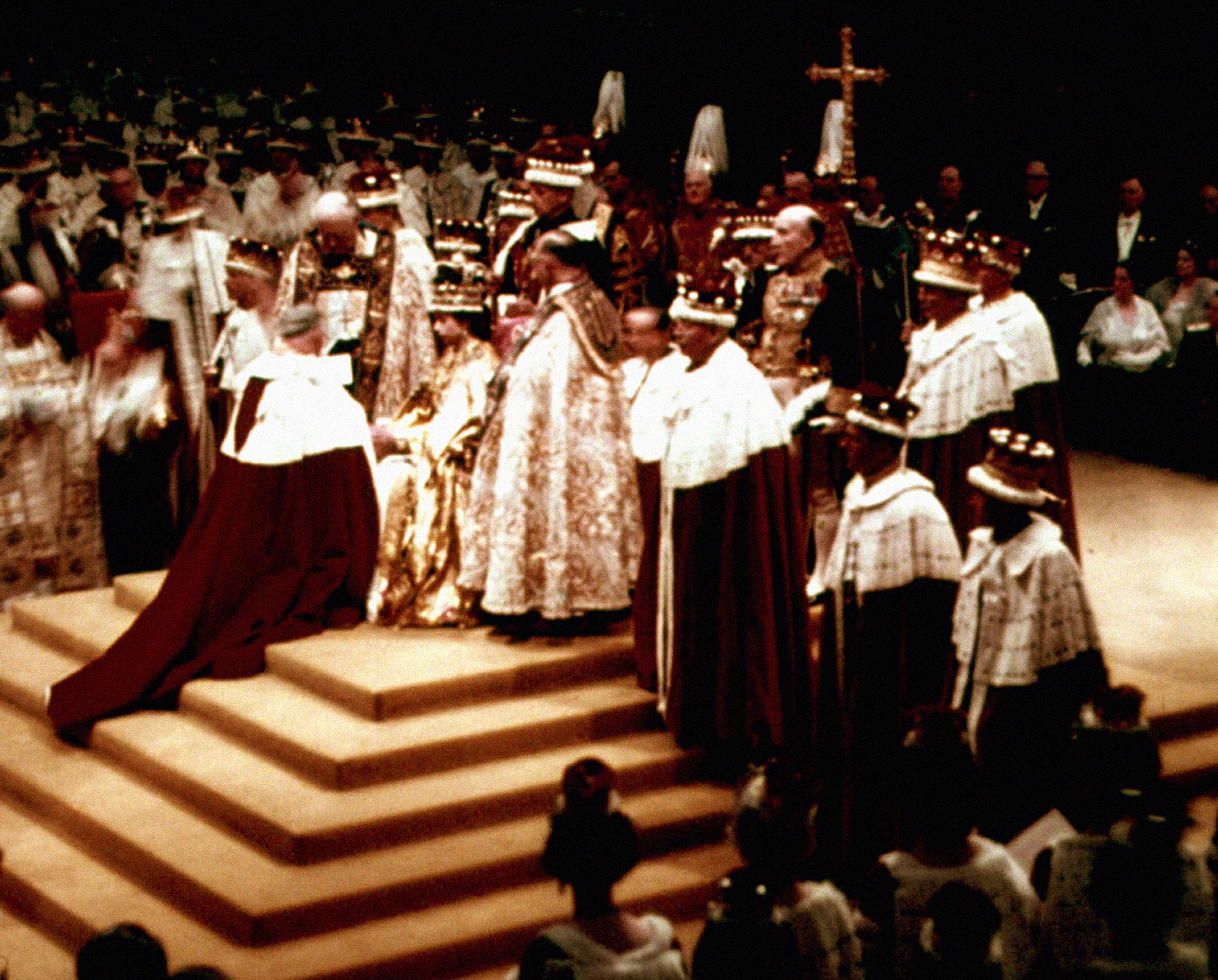 The Duke of Norfolk, the Earl Marshall, paying homage to Queen Elizabeth II after her coronation at Westminster Abbey