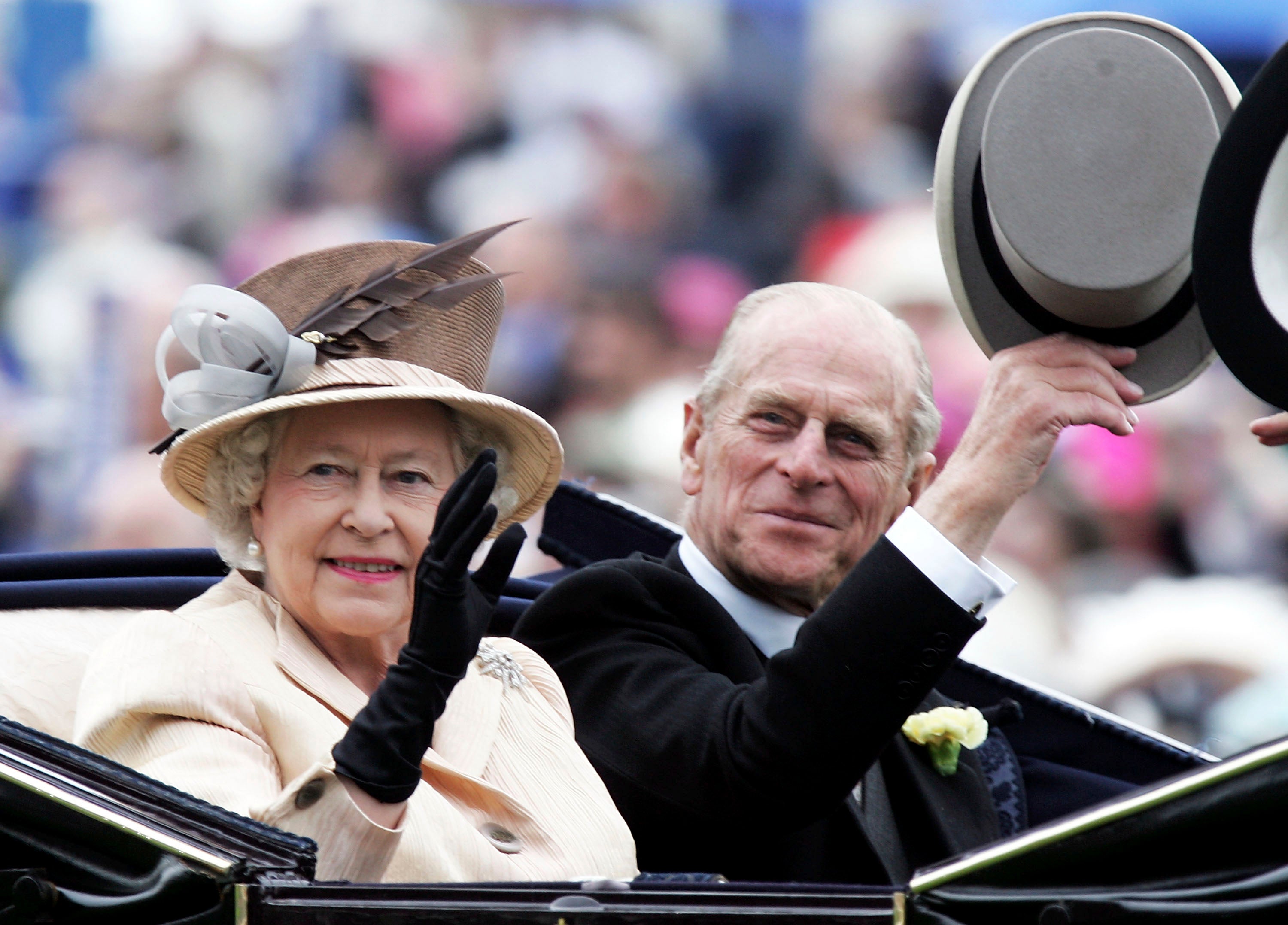 Queen Elizabeth II , The Queen, and husband Prince Philip, the Duke of Edinburgh, arrive in the Royal Carriage on the third day of Royal Ascot 2005