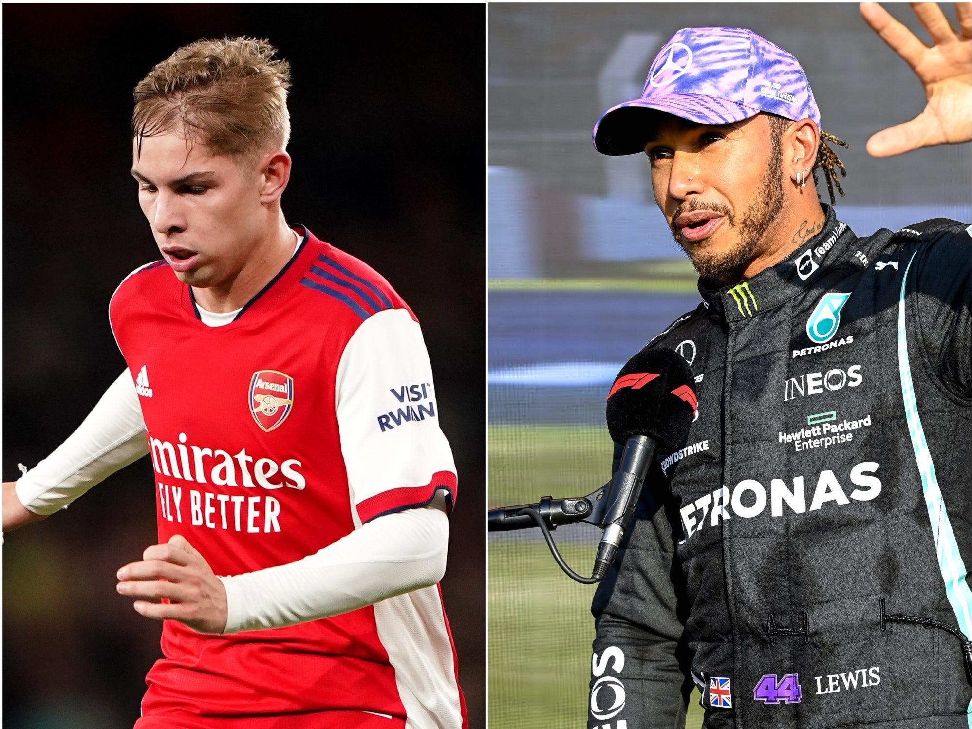 Emile Smith Rowe and Lewis Hamilton (PA)