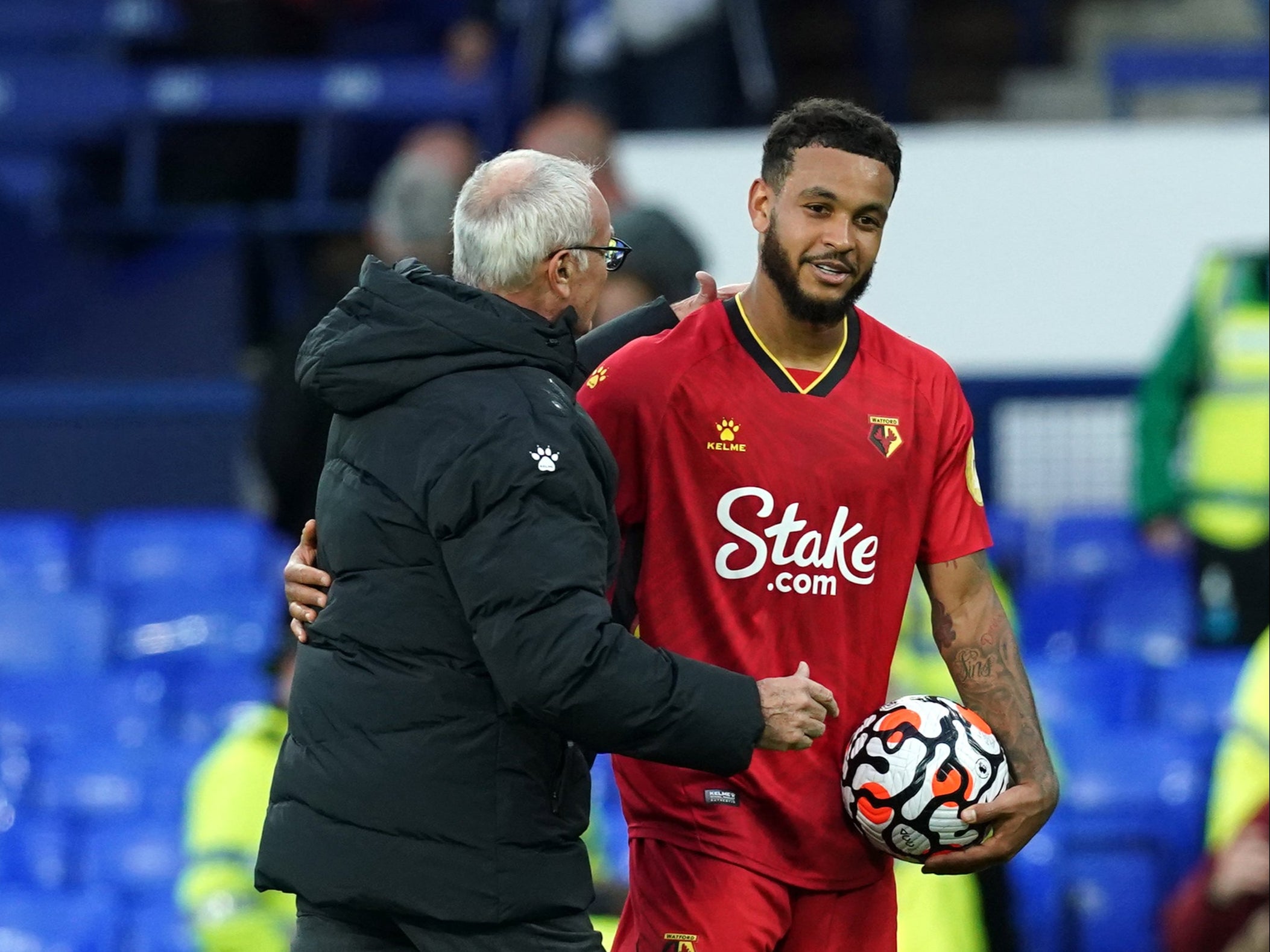 Watford manager Claudio Ranieri and hat-trick hero Joshua King celebrate after the win at Everton (Martin Rickett/PA)