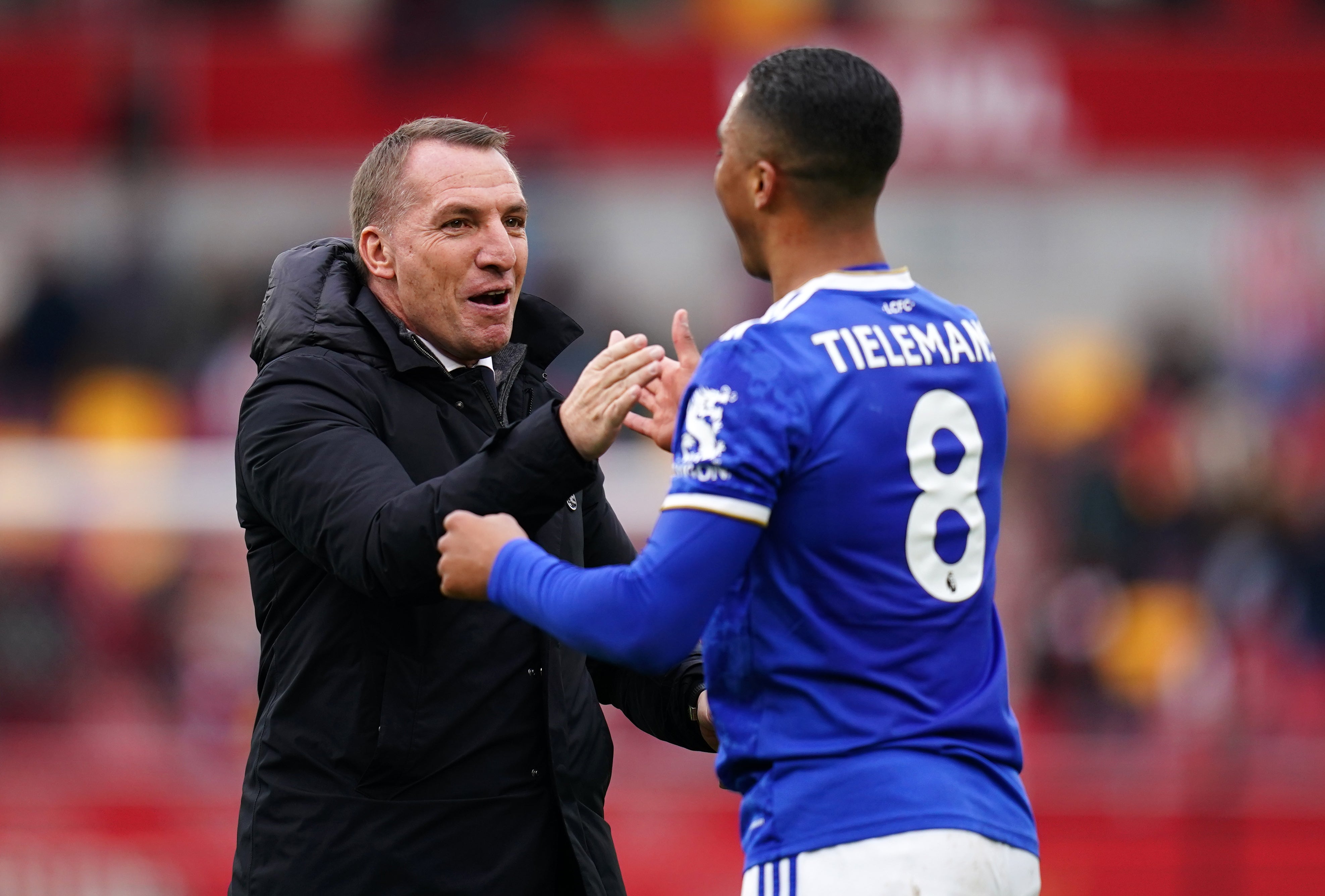 Leicester manager Brendan Rodgers celebrates with Youri Tielemans after the 2-1 win at Brentford (John Walton/PA Images).