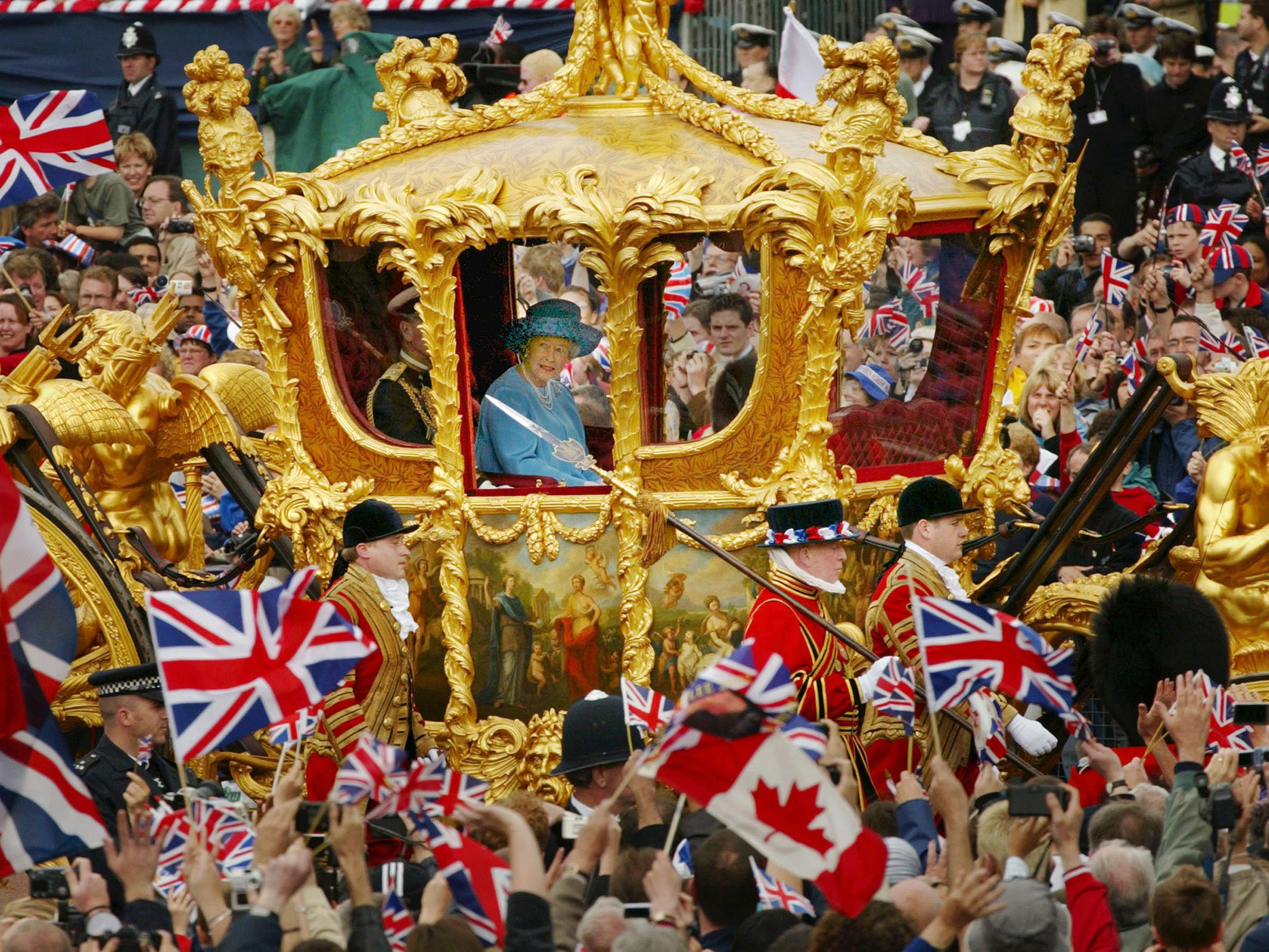 The Queen and Prince Philip ride in the Golden State Carriage at the head of a parade from Buckingham Palace to St Paul’s Cathedral celebrating the Queen’s Golden Jubilee in 2002