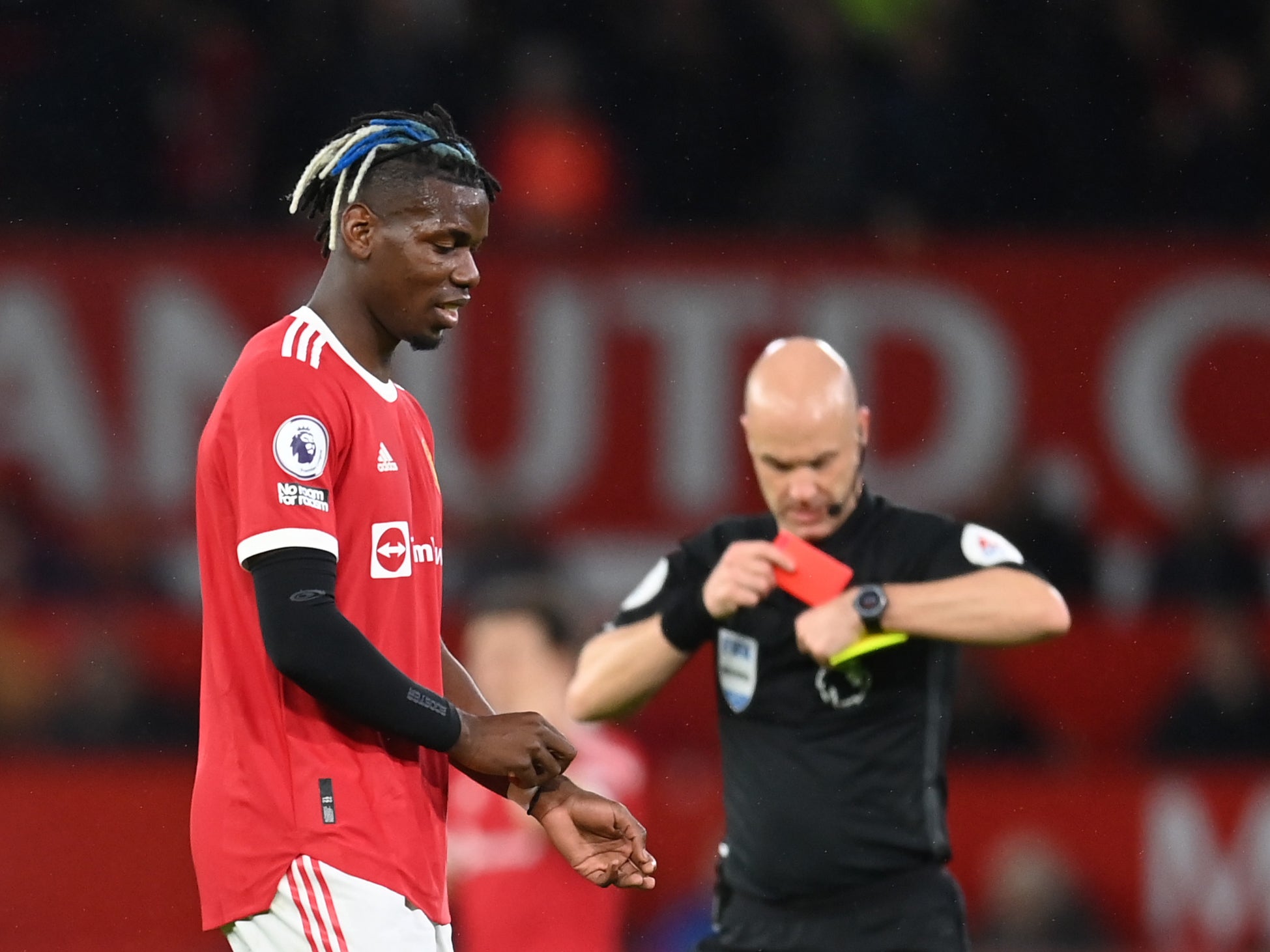 Paul Pogba was sent off for United after a VAR check upgraded his yellow card to a straight red