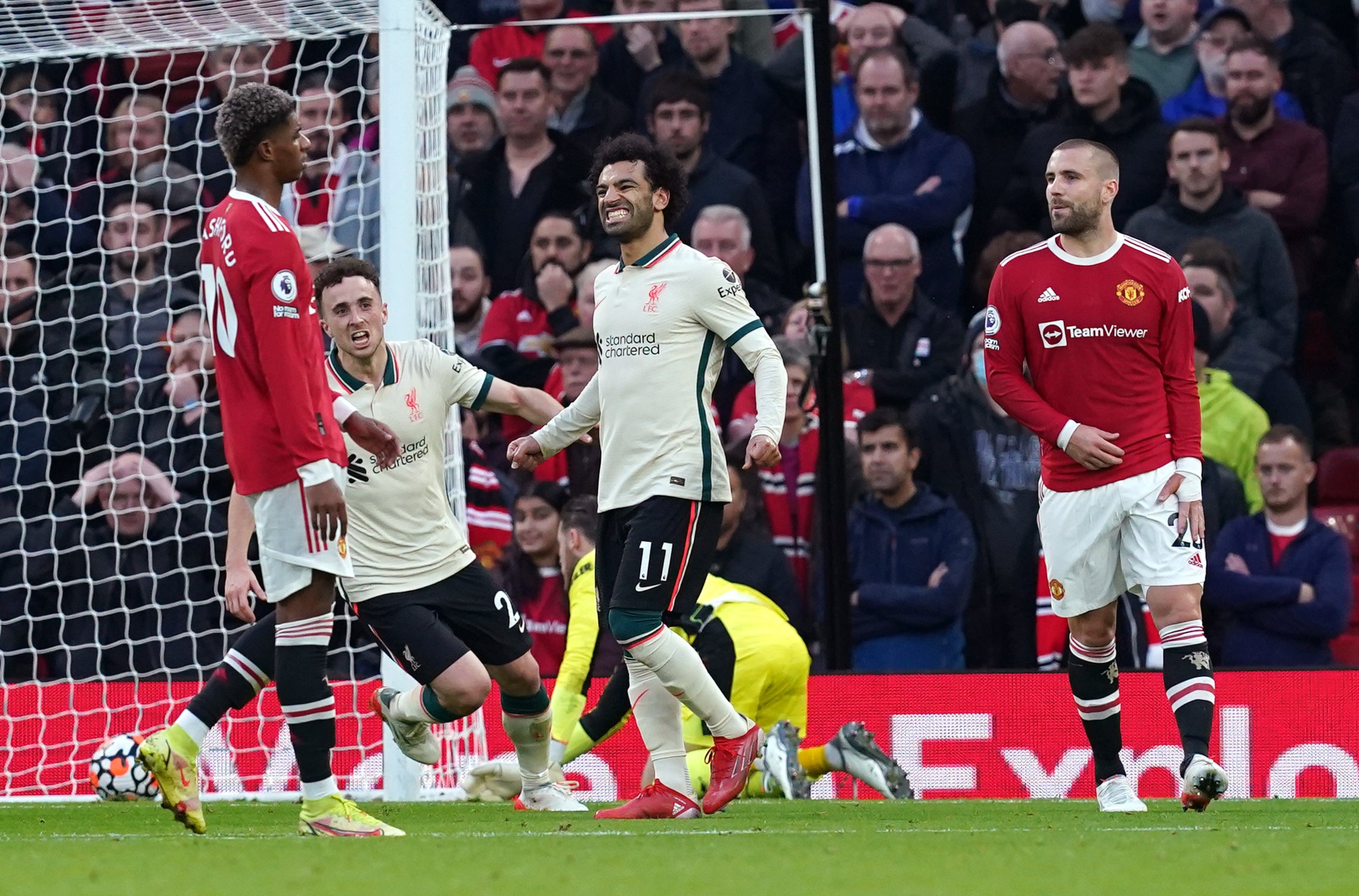 Liverpool’s Mohamed Salah celebrates scoring their fourth goal (Martin Rickett/PA)