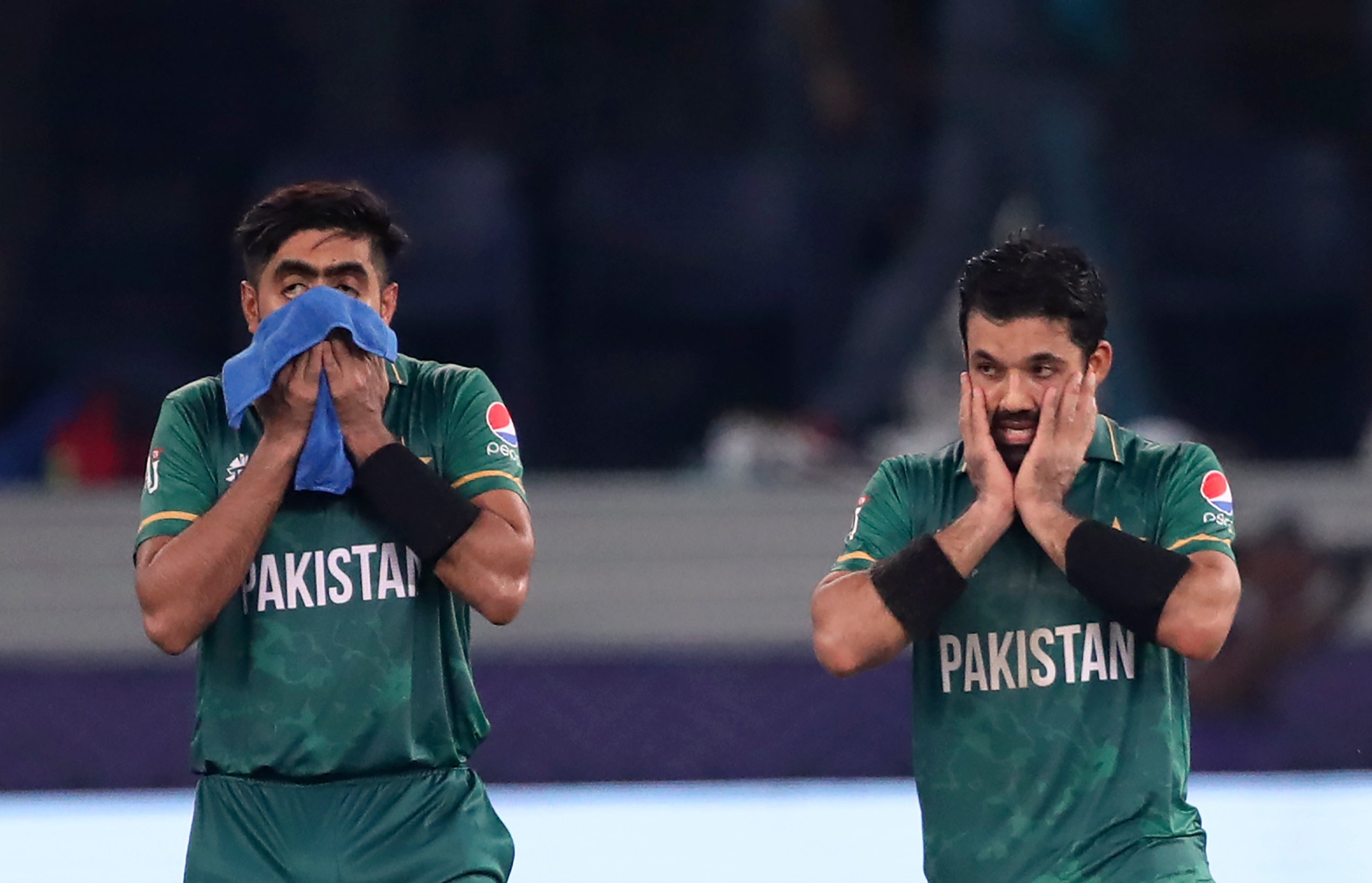 Babar Azam, left, and Mohammad Rizwan hit Pakistan to victory (Aijaz Rahi/AP)