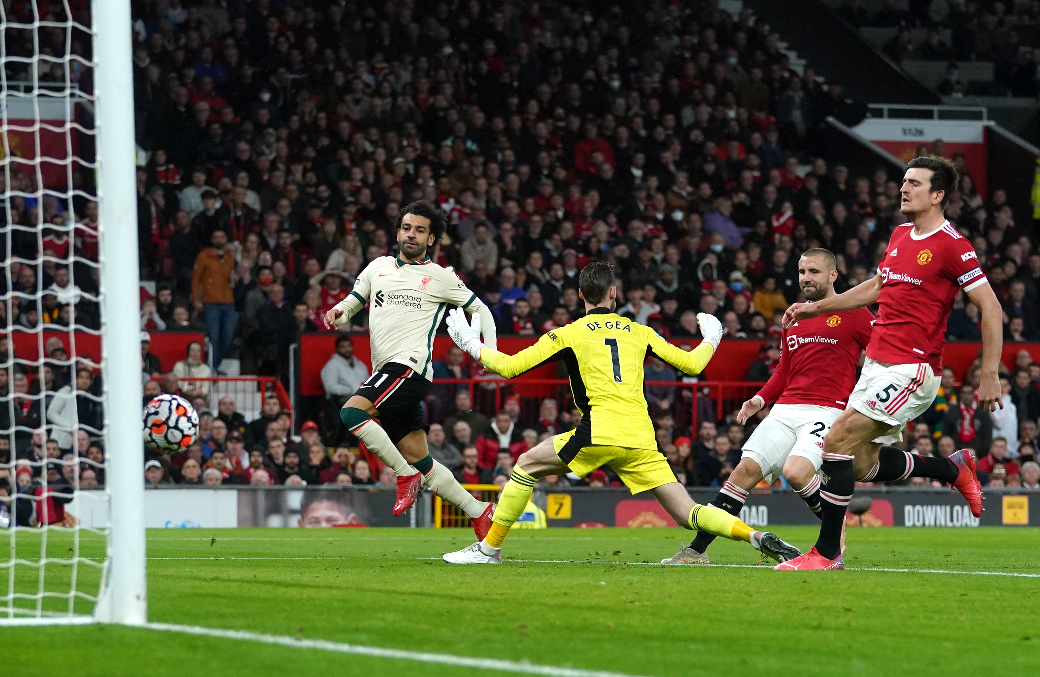 Liverpool’s Mohamed Salah (left) completes his hat-trick in the 5-0 win over Manchester United at Old Trafford (Martin Rickett/PA)