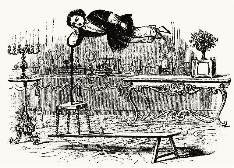 Lithograph or engraving of Robert-Houdin’s ‘Ethereal Suspension’ trick from the Harry Houdini collection