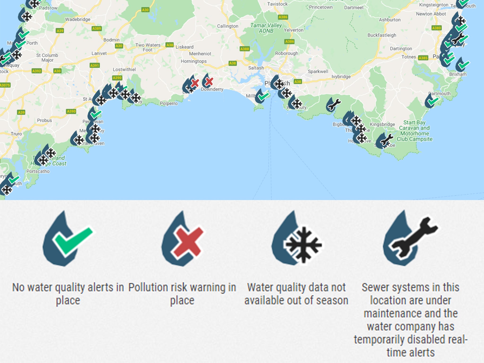 A map of the places on the south coast that campaign group Surfers Against Sewage have highlighted as at risk from discharged sewage