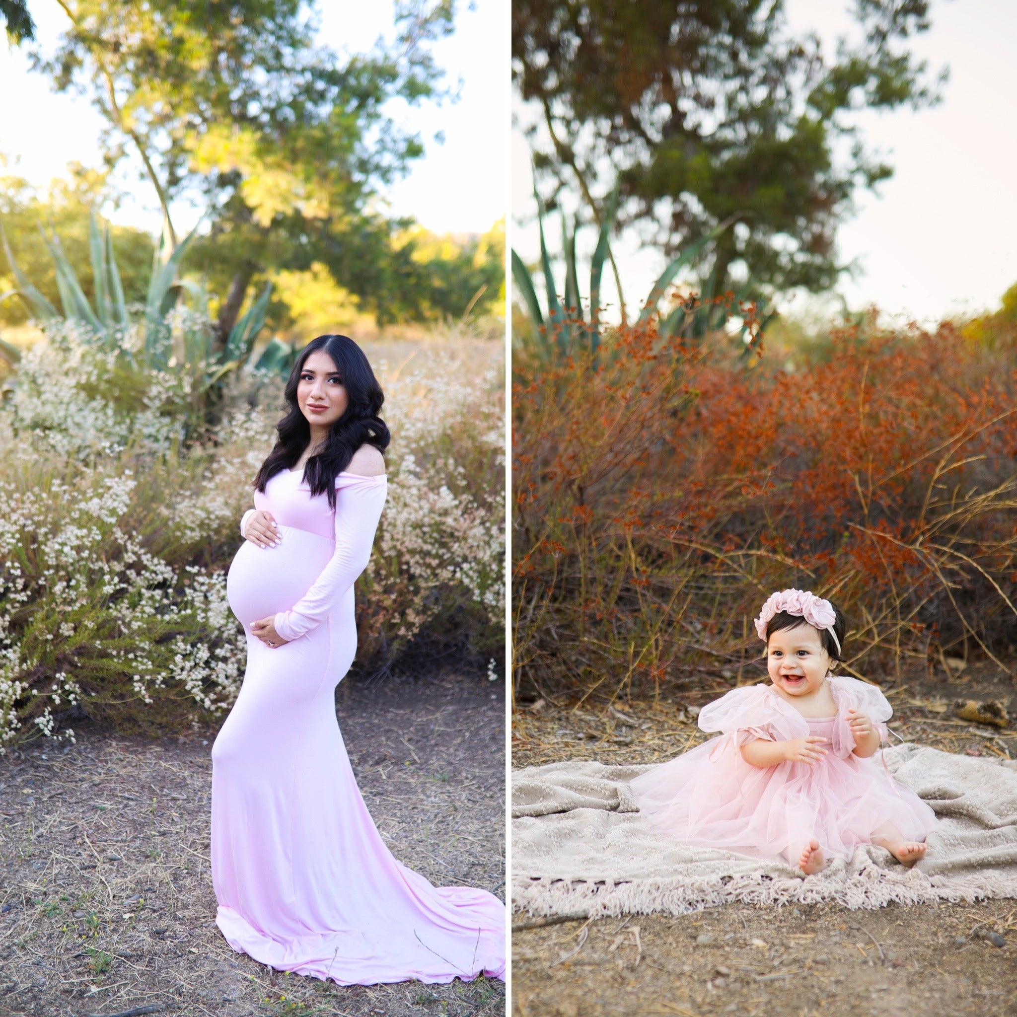 Yesenia Aguilar in her maternity shoot (left) and her daughter Adalyn recreating the shoot (right)