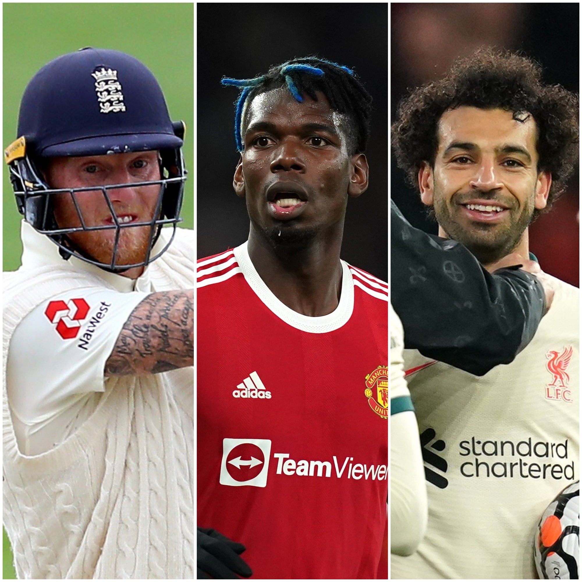 Ben Stokes (left), Paul Pogba (centre) and Mohamed Salah (Michael Steele/Martin Rickett/PA)