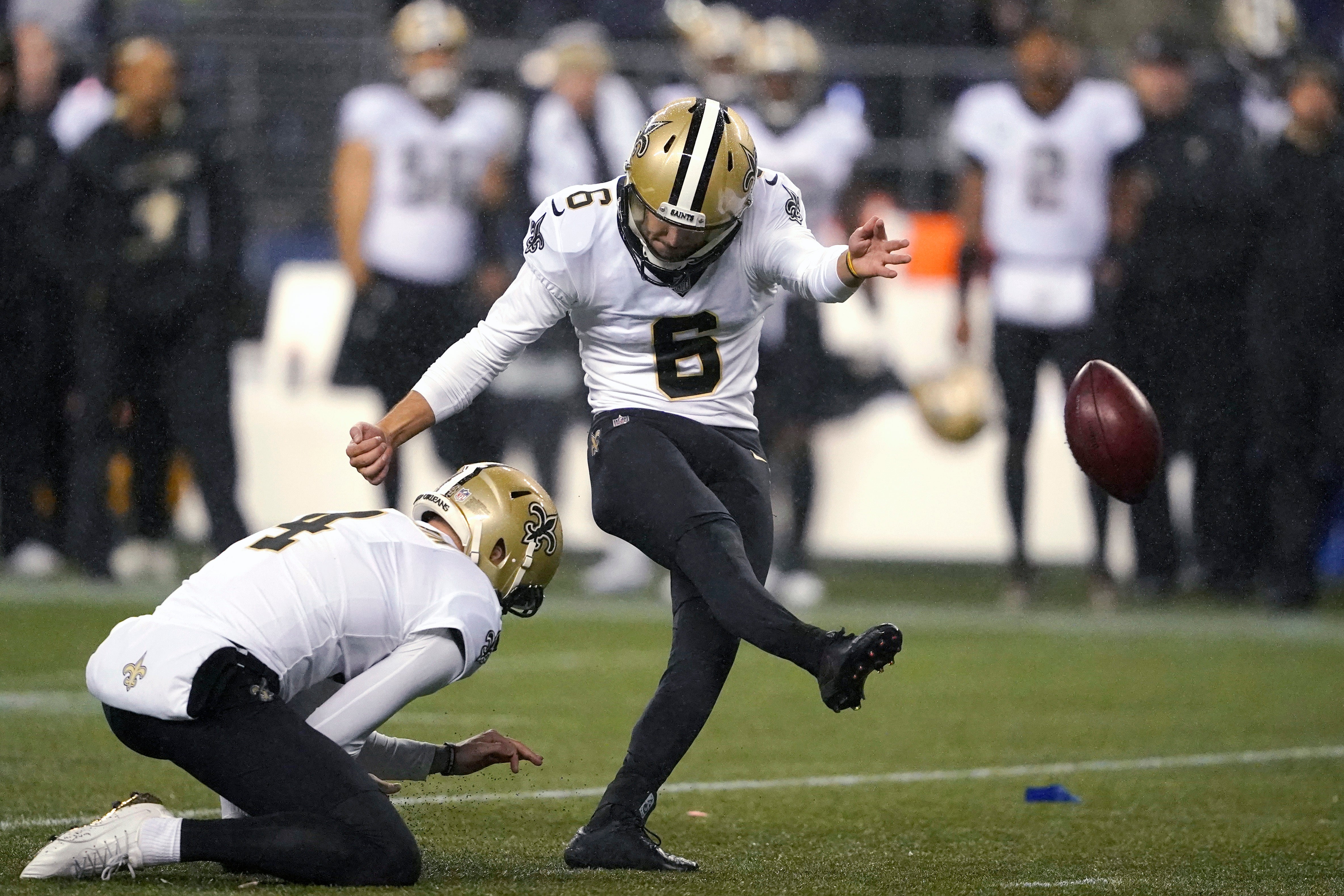 New Orleans Saints’ Brian Johnson kicks a 33-yard field goal against the Seattle Seahawks (Ted S Warren/AP)