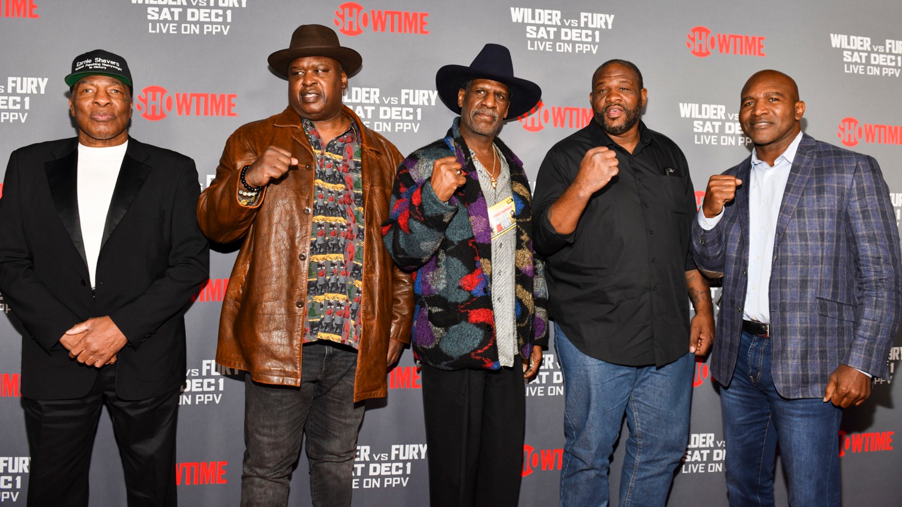 Five legends: Earnie Shavers, Buster Douglas, Michael Spinks, Riddick Bowe, and Evander Holyfield at Wilder vs Fury 1 in 2018