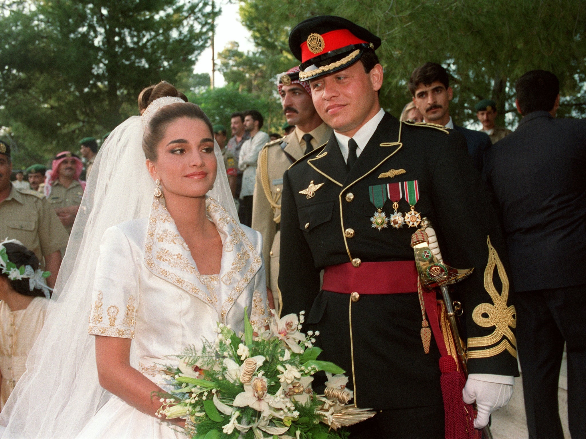 King Abdullah II and Queen Rania of Jordan after their wedding ceremony at the Royal Palace in Amman on 10 June ,1993