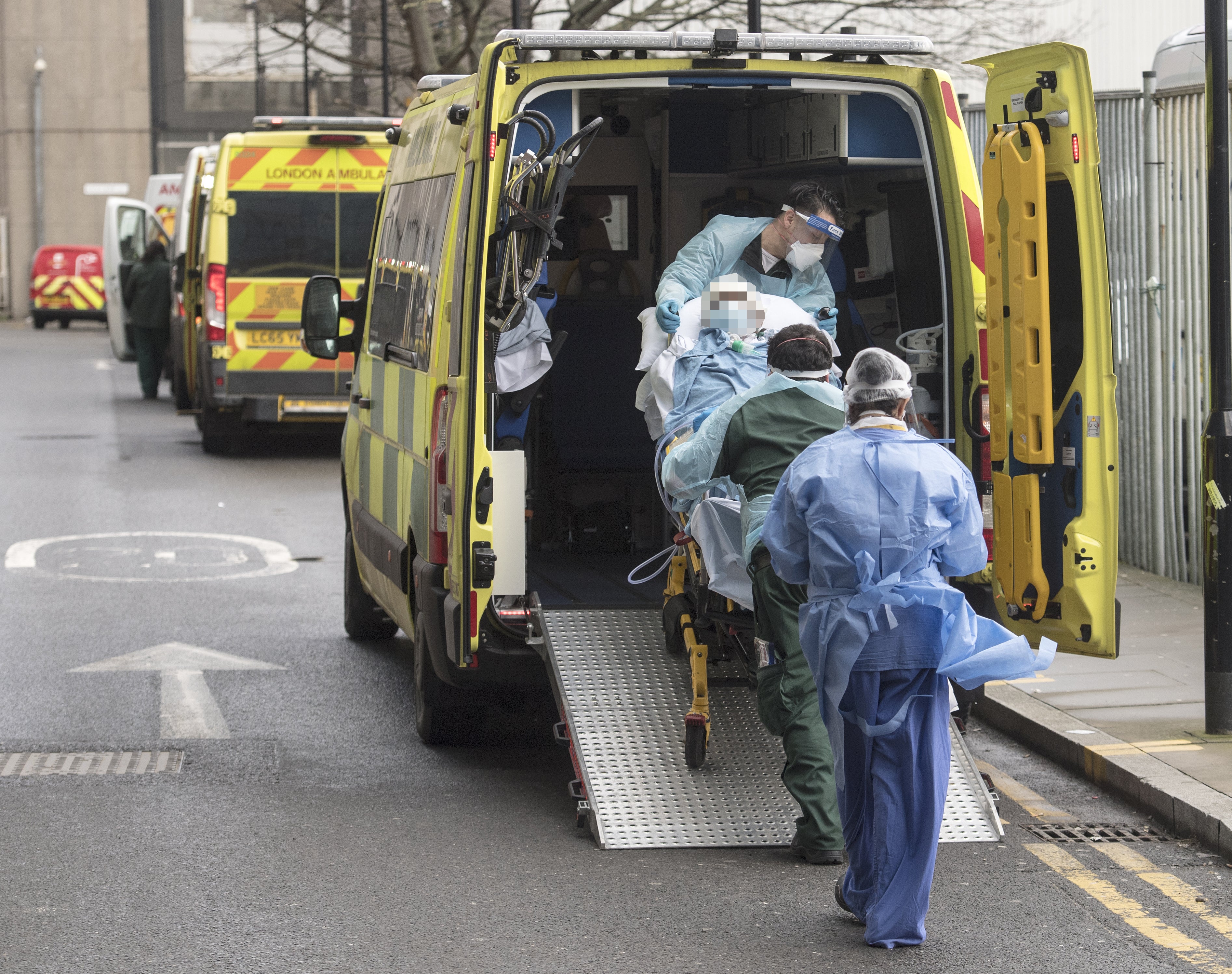 An ambulance is pictured outside the Royal London Hospital on 17 February, 2021.