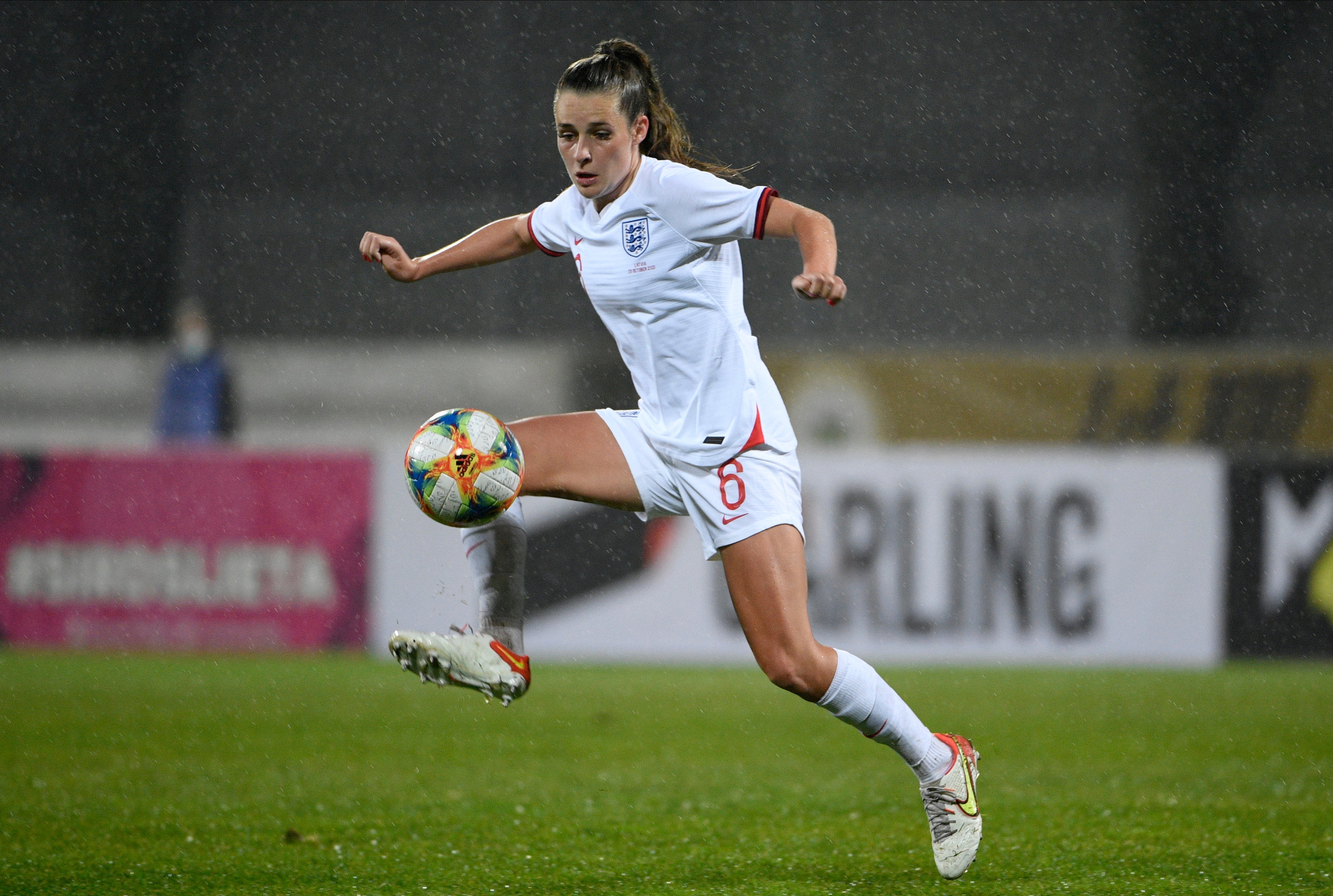 England’s Ella Ann Toone struck a hat-trick as England romped to a 10-0 win against Latvia (Roman Koksarov/AP)