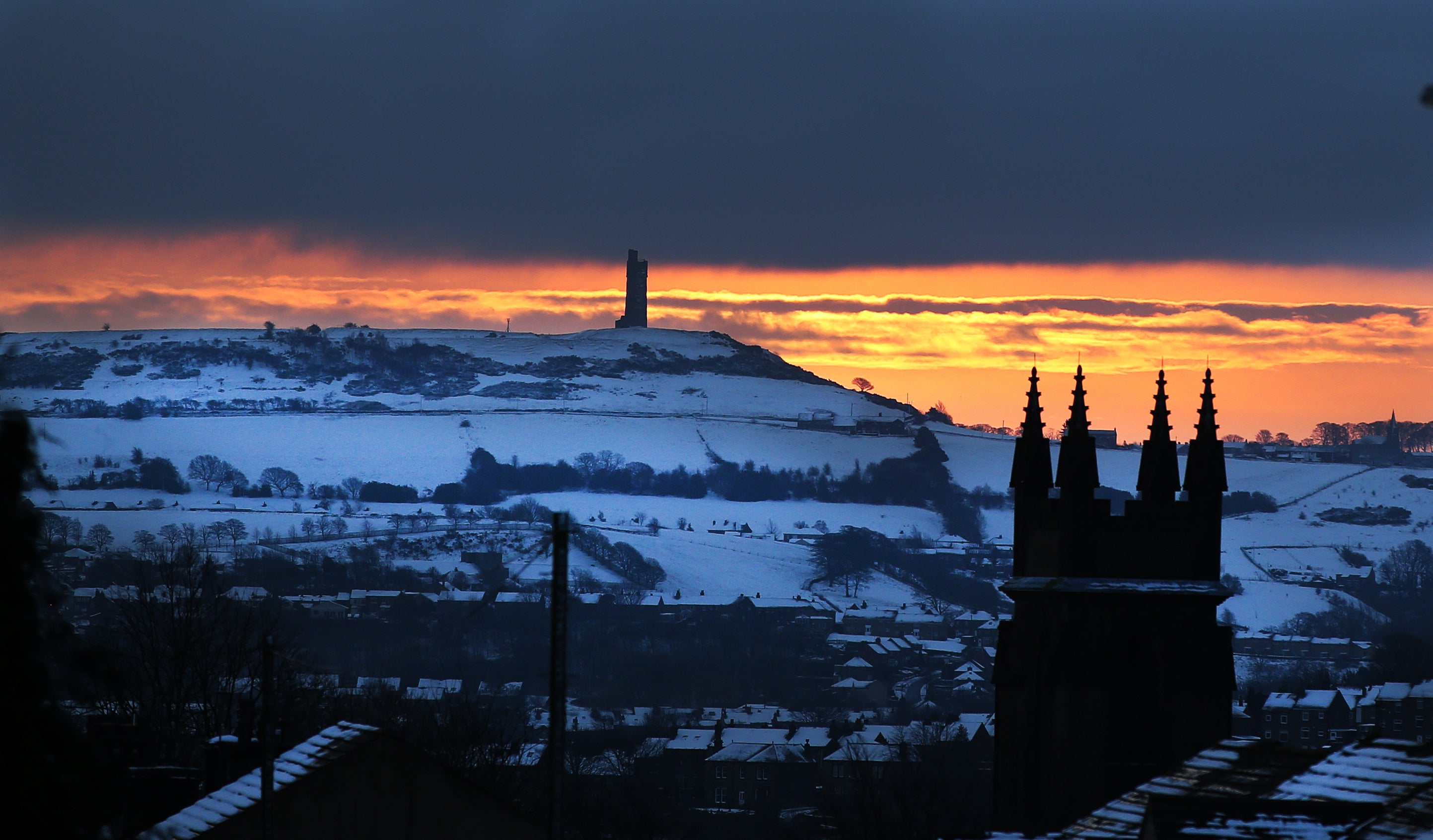 A snow covered Castle Hill in Huddersfield