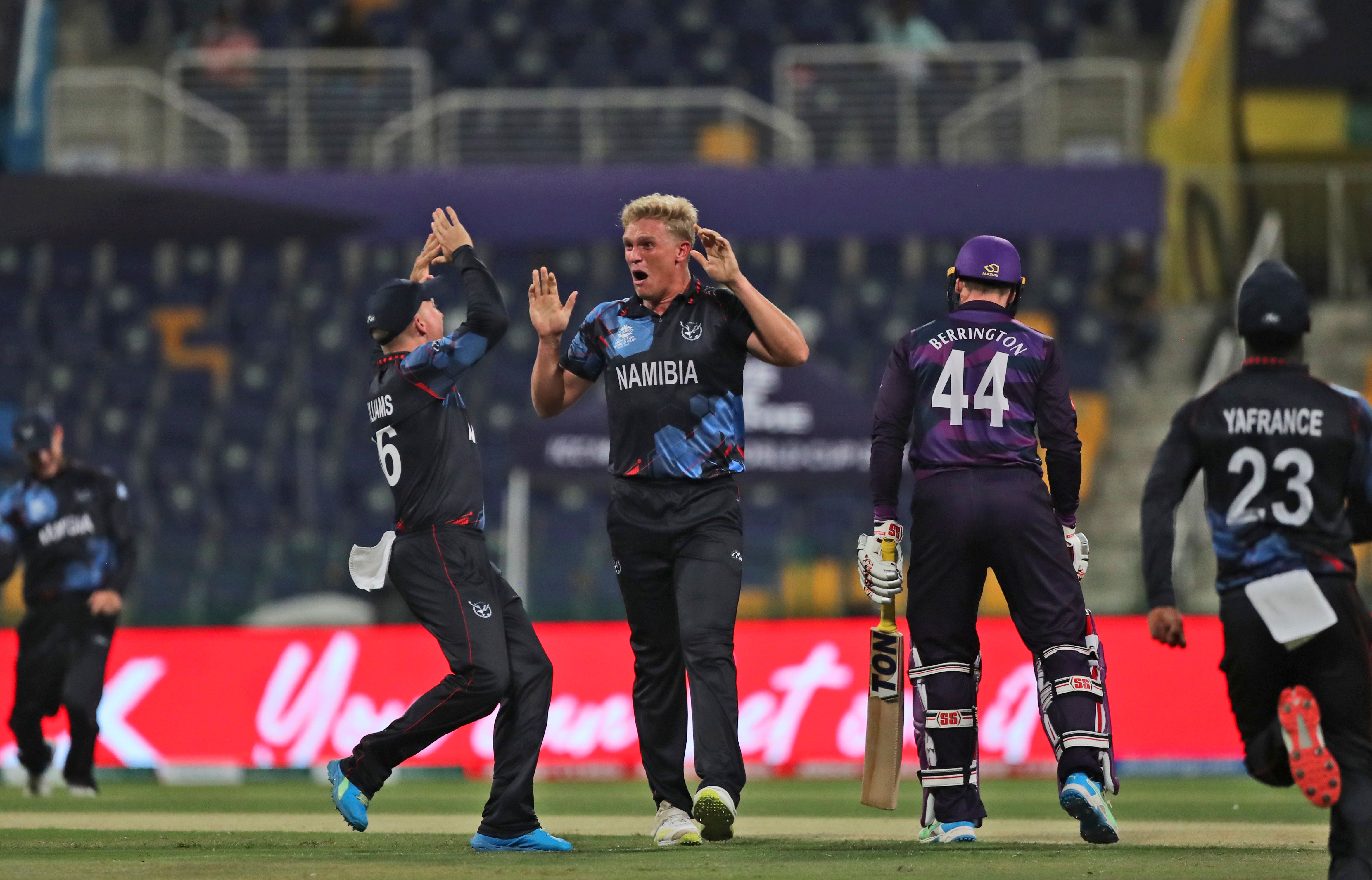 Ruben Trumpelmann,, centre, inspired Namibia to victory over Scotland (Aijaz Rahi/AP)