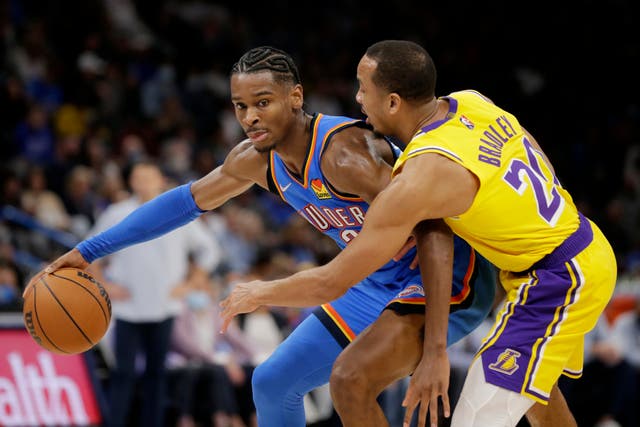 Oklahoma City Thunder guard Shai Gilgeous-Alexander (left) scored 27 points (Garett Fisbeck/AP)