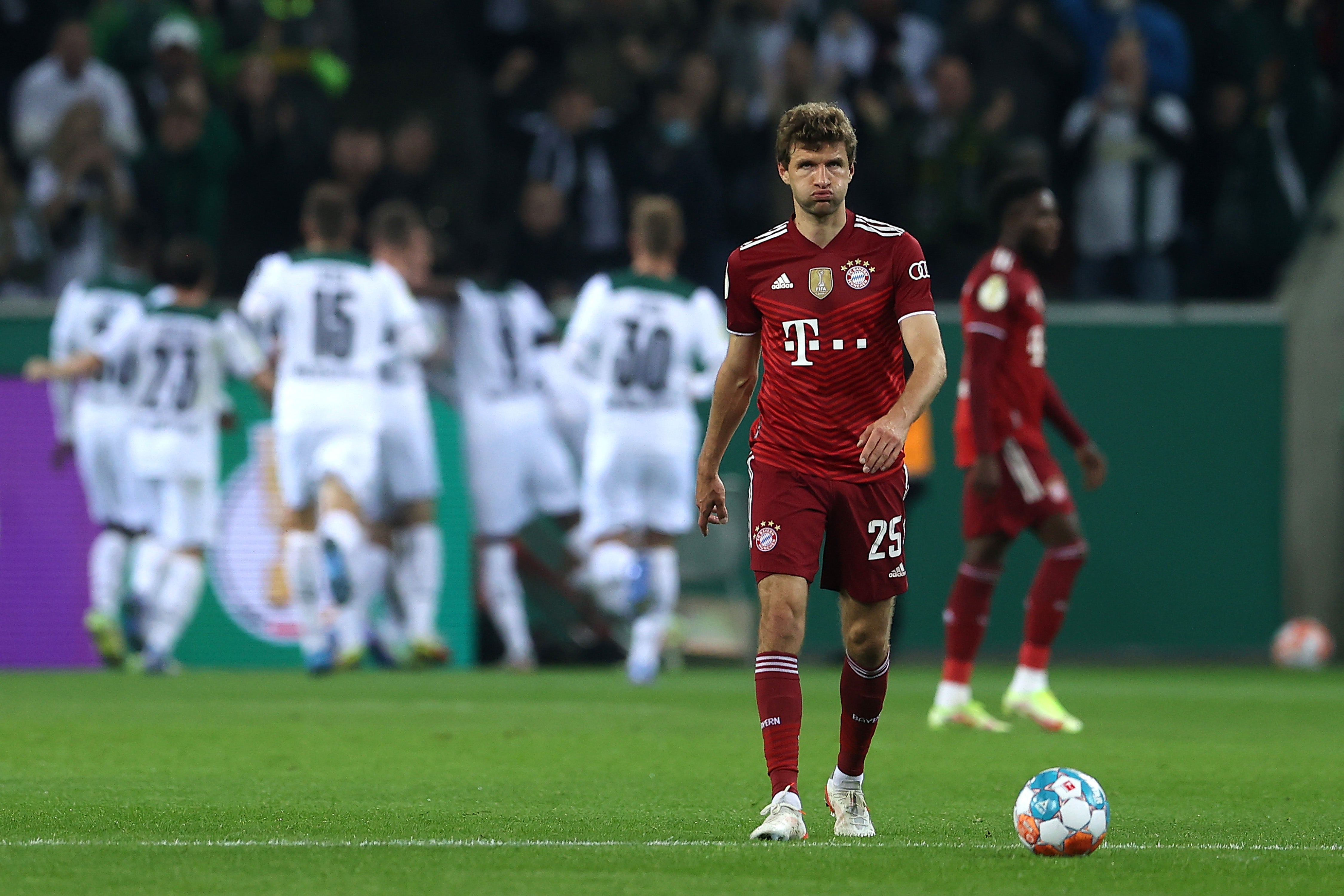 Thomas Mueller reacts to another goal scored against Bayern Munich