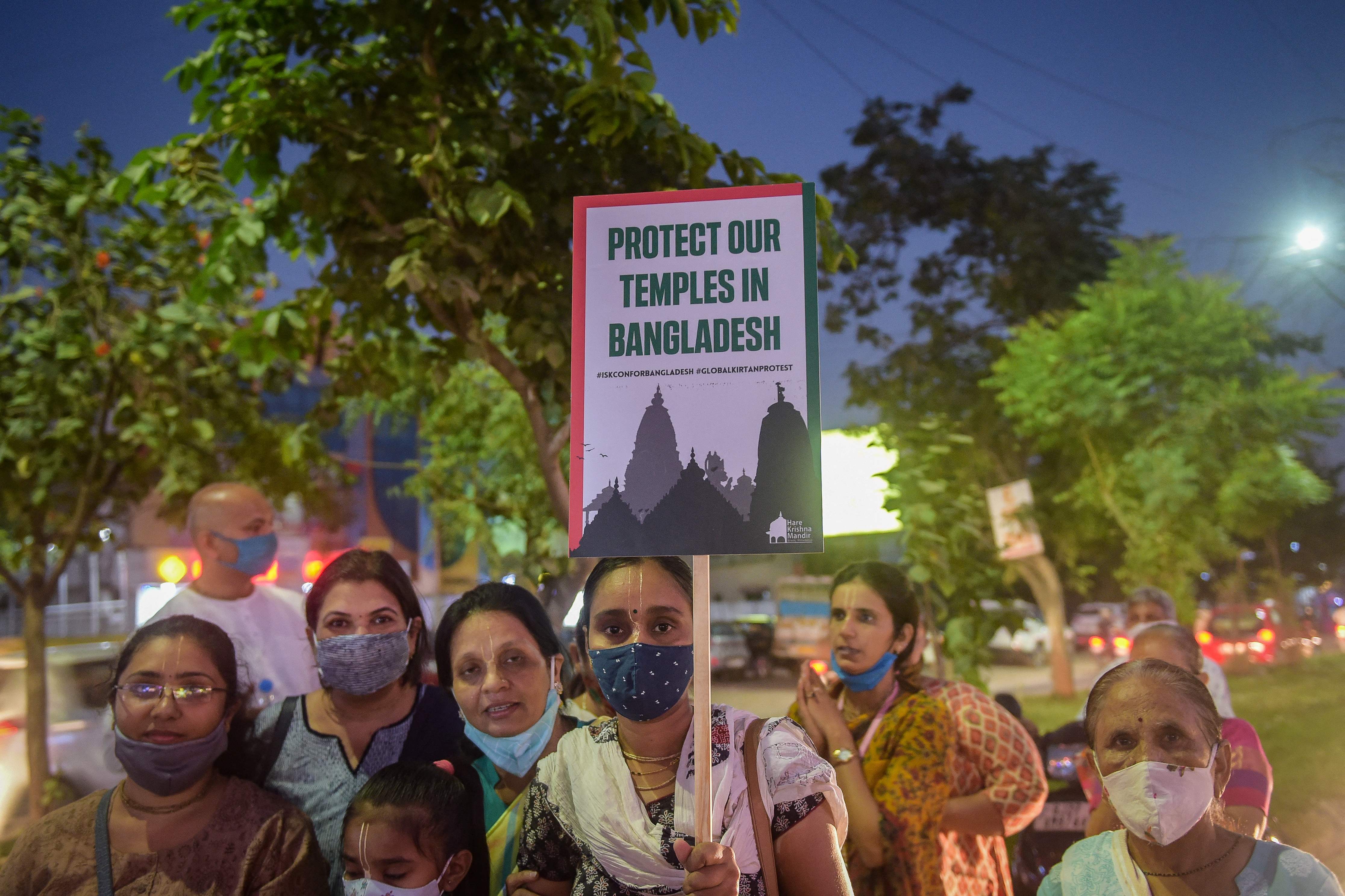 Supporters of a Hindu group take part in a demonstration in Ahmedabad, Gujarat to protest the violence in Bangladesh earlier this month