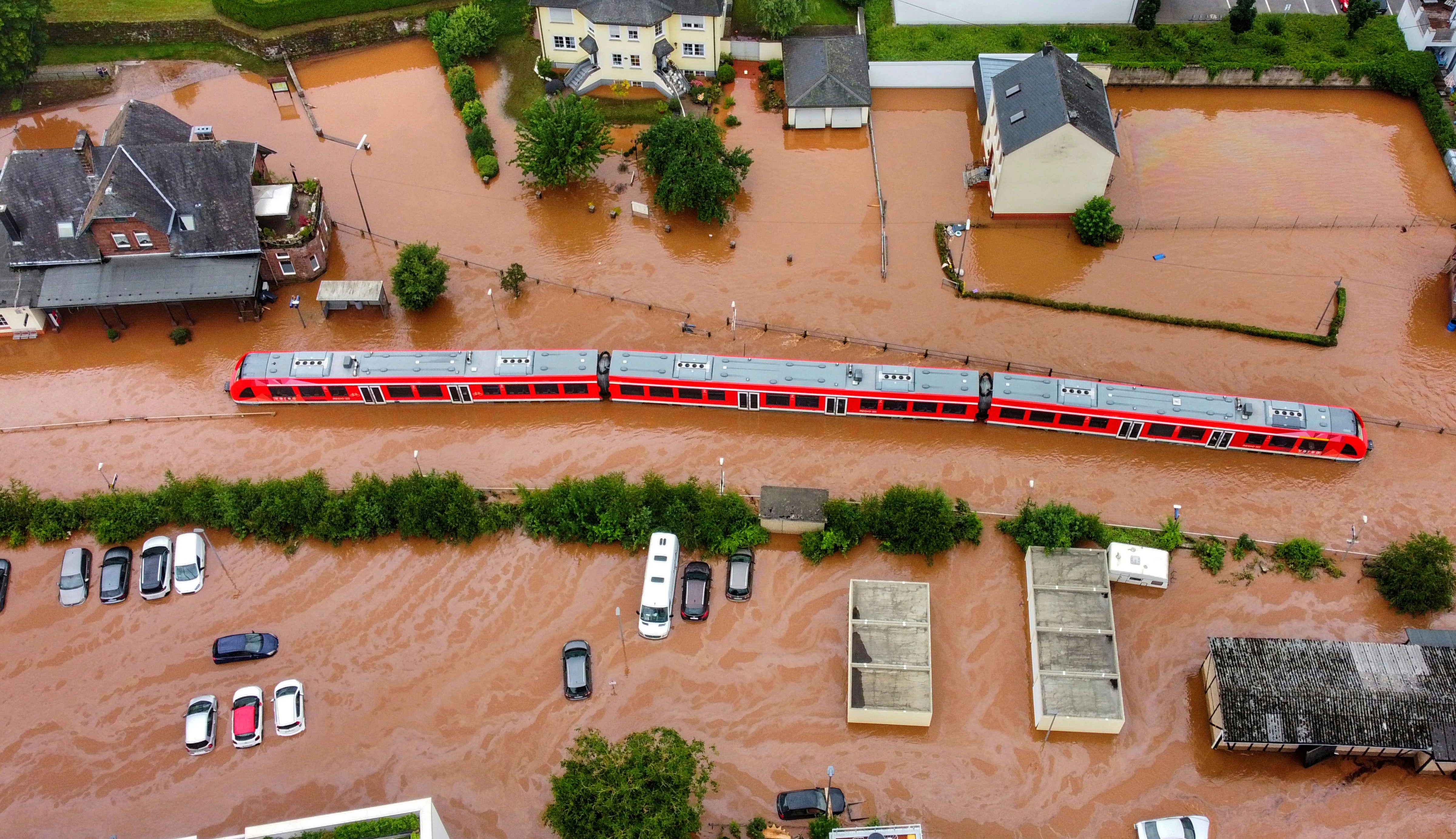 A train in flood waters in Kordel after Germany suffered heavy rainfall in July