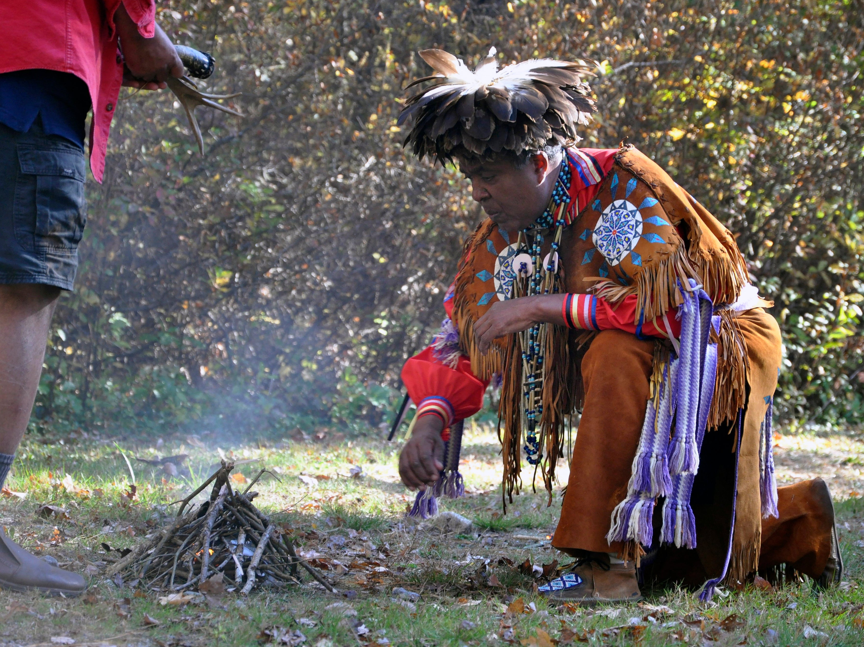 Narragansett Indian Tribe Chief Sachem Anthony Dean Stanton participates in a ceremony in a wooded area, in South Kingstown, Rhode Island, on land believed to be the site of the Great Swamp Massacre