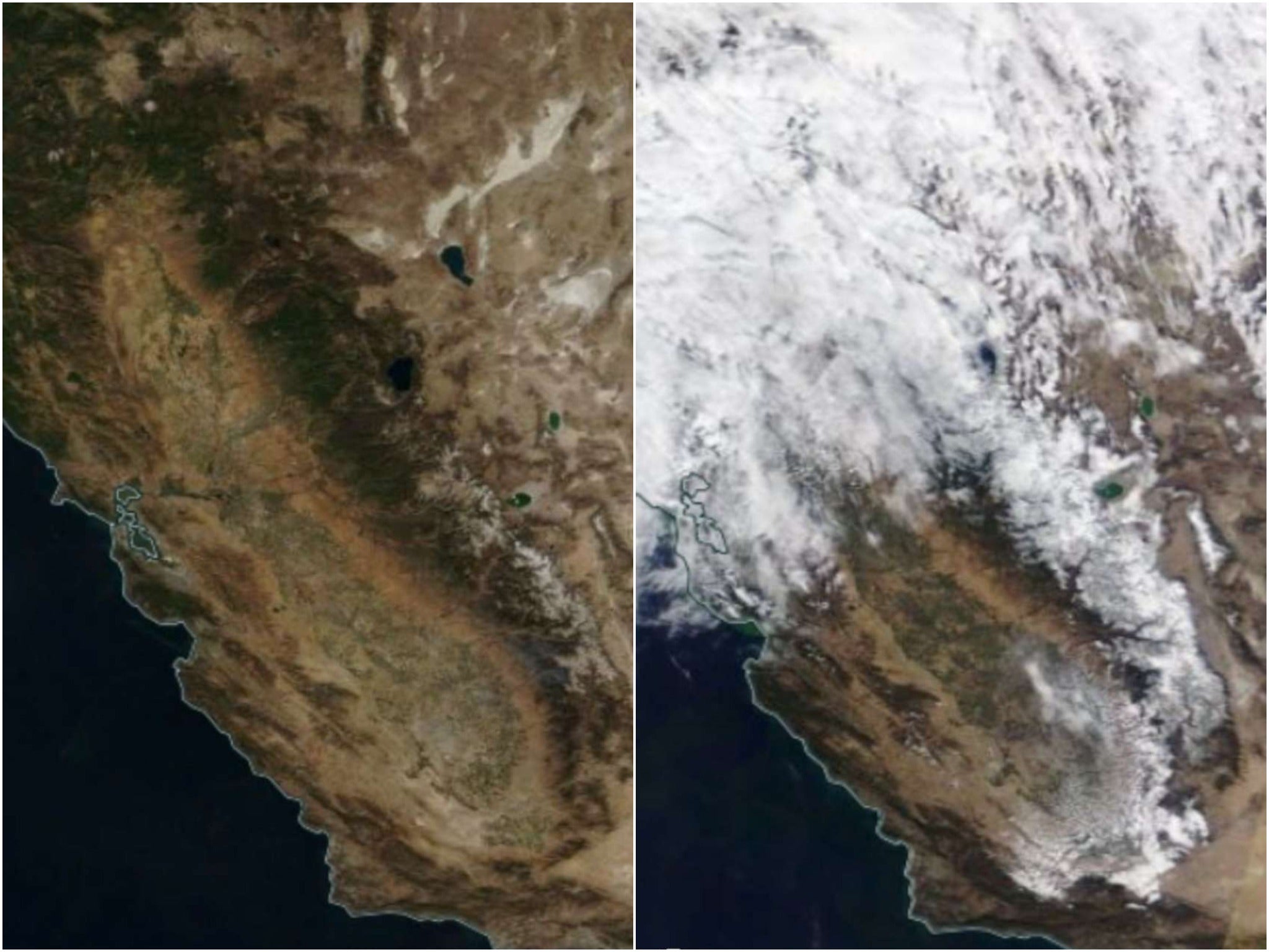 Satellite images show California on 16 and 26 October, revealing snow brought to the state by an atmospheric river