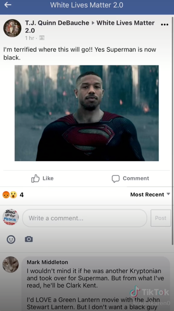 A member of the Facebook group “White Lives Matter 2.0” says he or she is “terrified” of a potential Black Superman