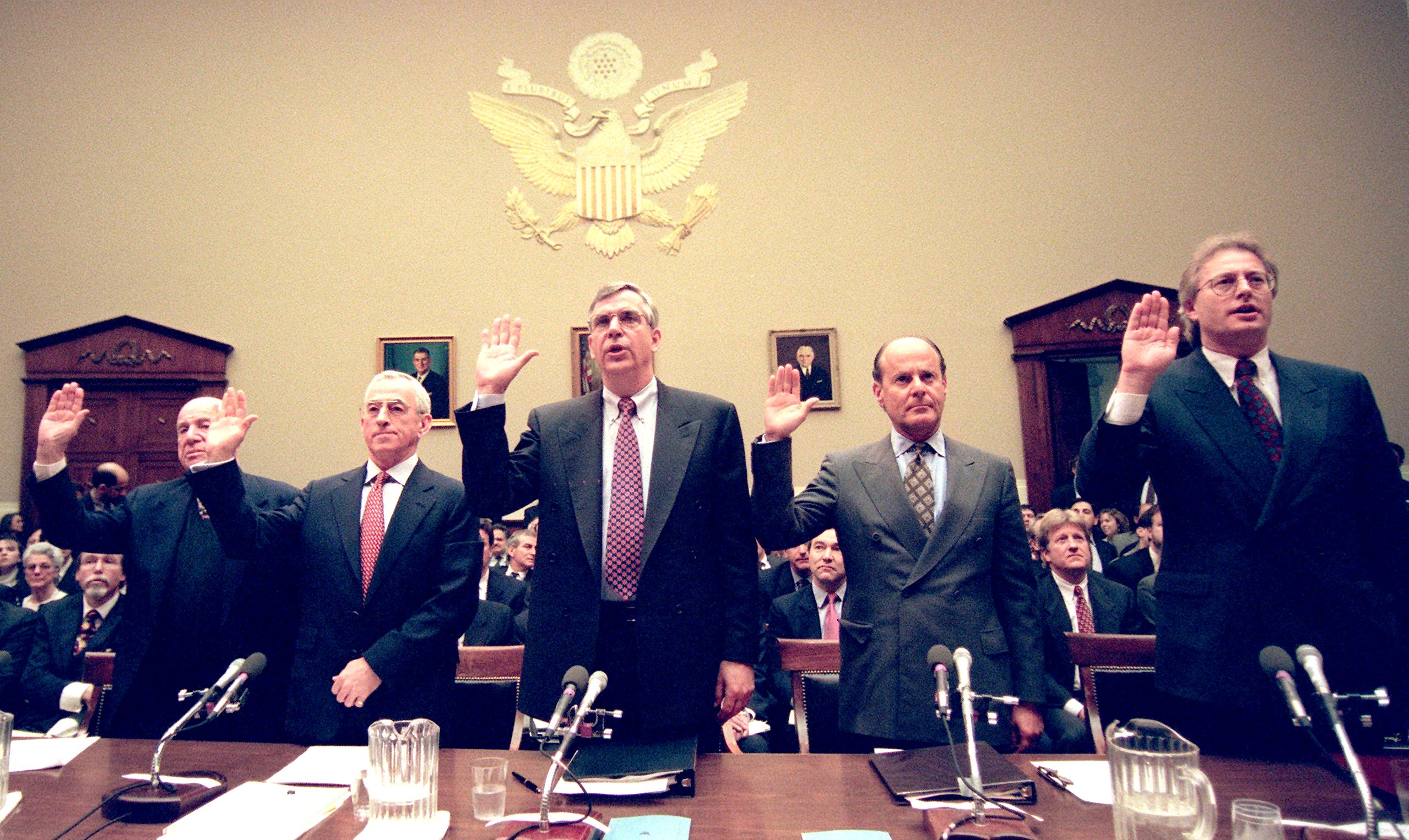 The heads of Big Tobacco being sworn in before testifying before the US House Commerce Committee on Capitol Hill in 1994