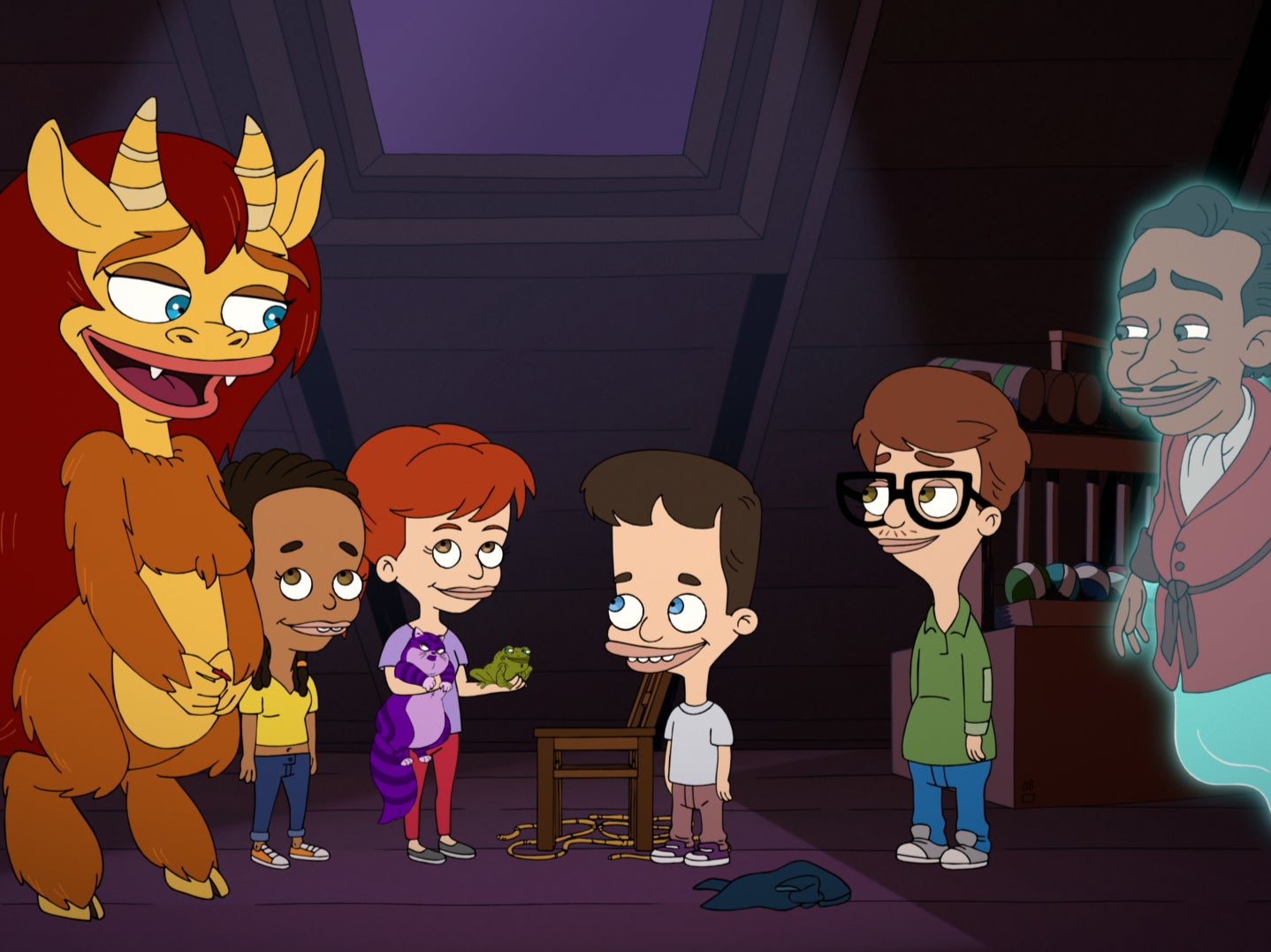 Mouthing off: (from left) Connie the Hormone Monstress (Maya Rudolph), Missy Foreman-Greenwald (Ayo Edebiri), Jessi Glaser (Jessi Klein), Nick Birch (Nick Kroll), Andrew Glouberman (John Mulaney), and Jordan Peele as Ghost of Duke Ellington