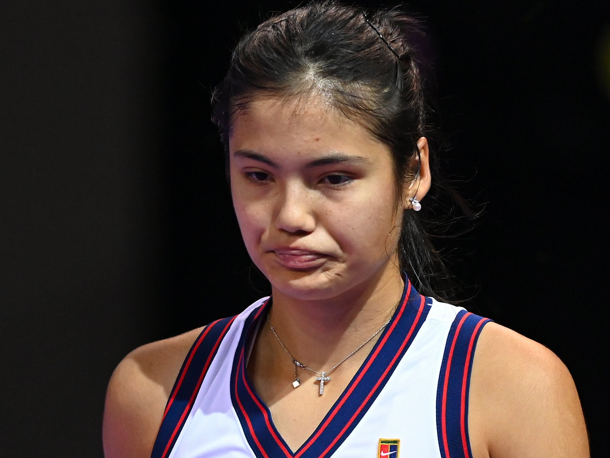 <p>Emma Raducanu reacts to her last-eight loss in Cluj</p>