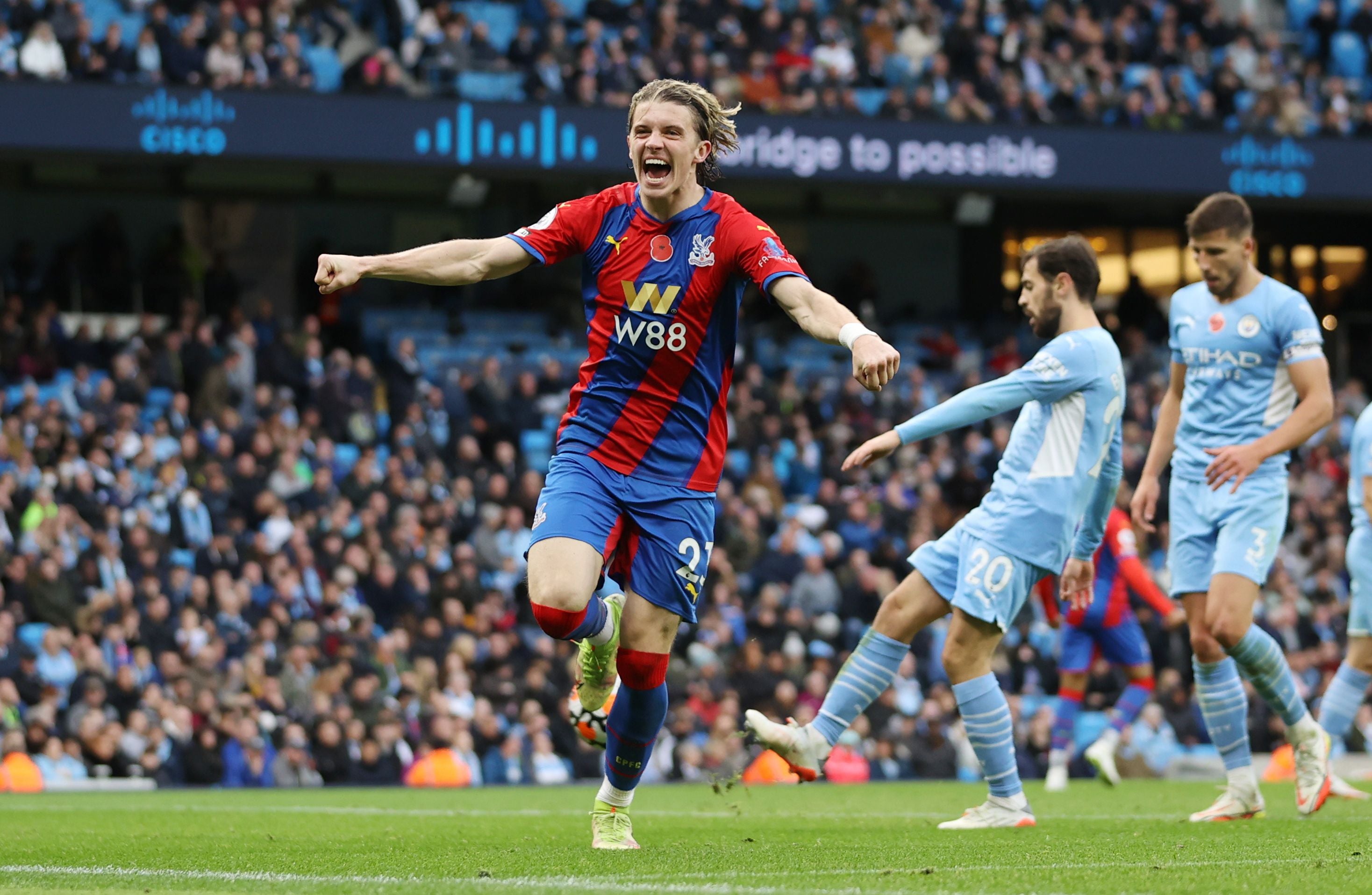 Conor Gallagher celebrates scoring Palace’s second goal against Man City