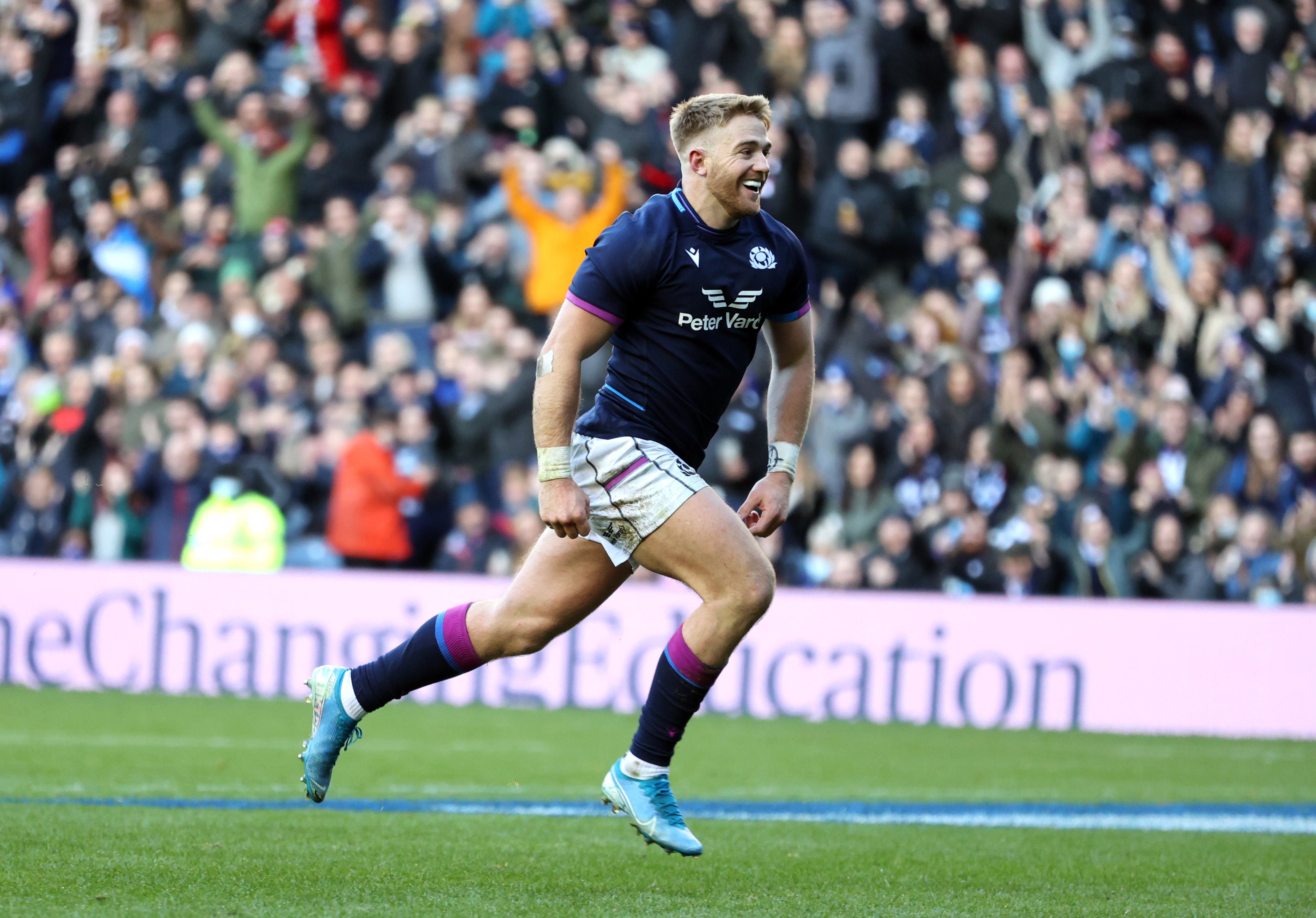 Scotland’s Kyle Steyn celebrates scoring his fourth try against Tonga. (Steve Welsh/PA)