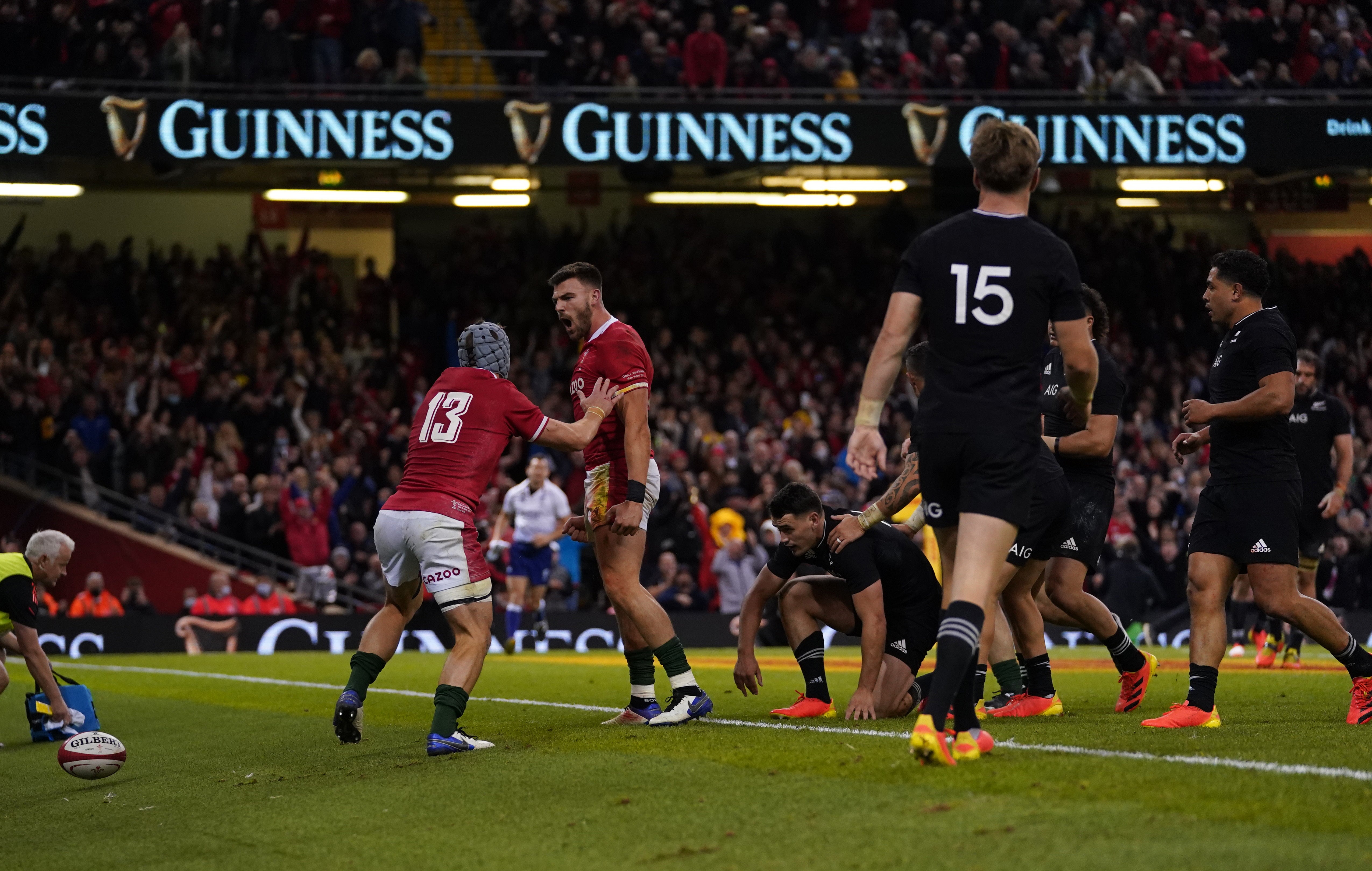 Johnny Williams celebrates scoring Wales’s only try